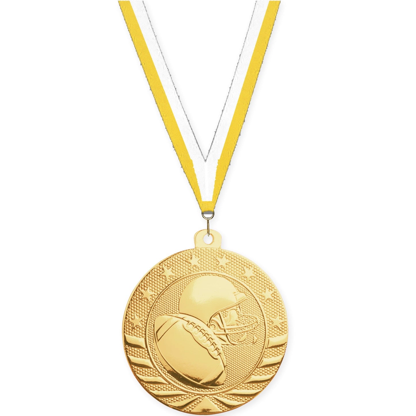 2 inch football Starbrite medal in bright gold with Yellow White neck ribbon
