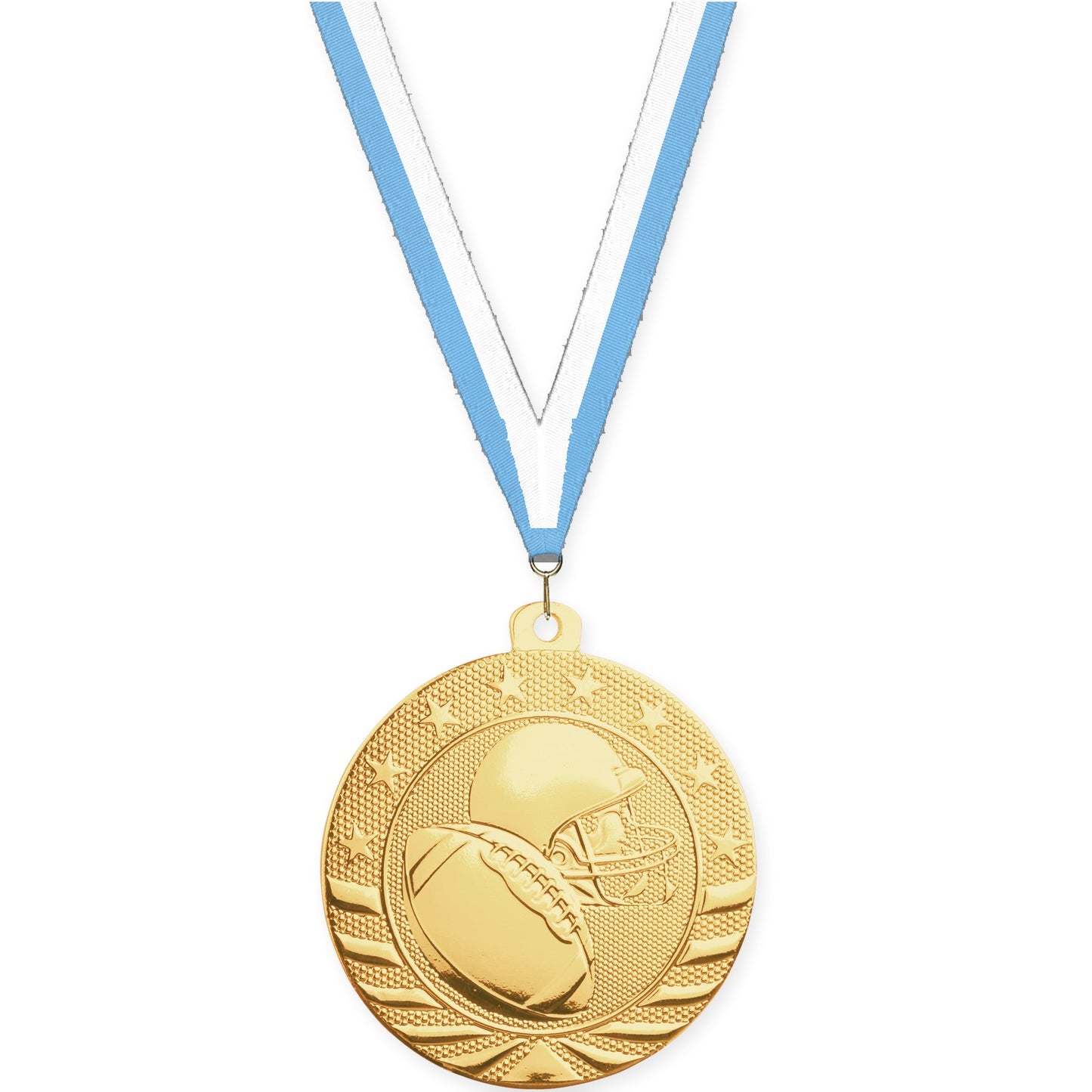 2 inch football Starbrite medal in bright gold with Light Blue White neck ribbon