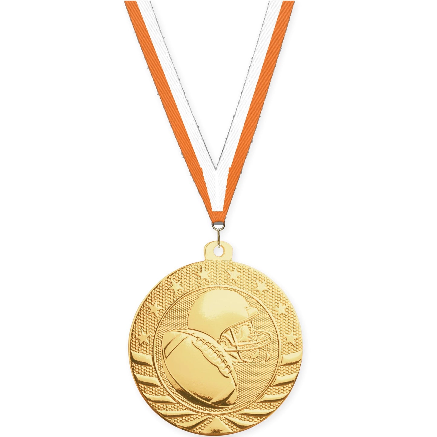 2 3/4 inch football Starbrite medal in bright gold with Orange White neck ribbon