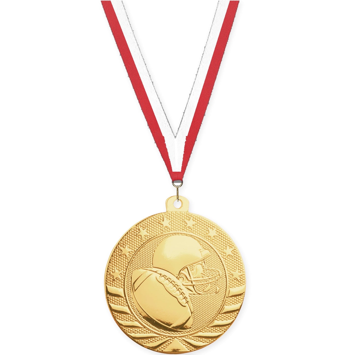 2 3/4 inch football Starbrite medal in bright gold with Red White neck ribbon