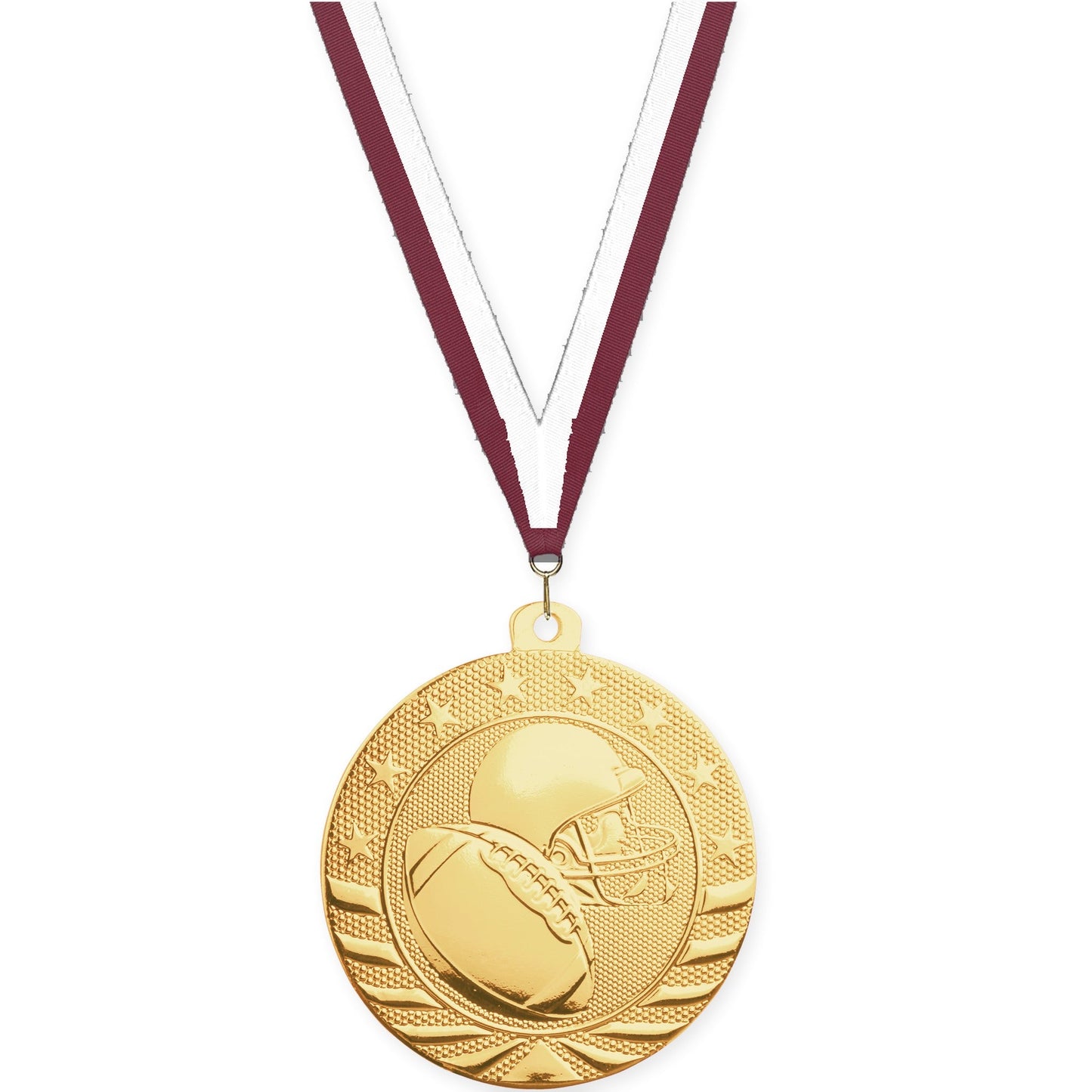 2 3/4 inch football Starbrite medal in bright gold with Maroon White neck ribbon