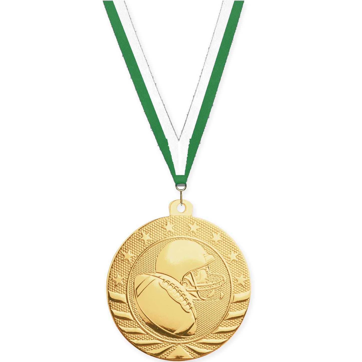 2 inch football Starbrite medal in bright gold with Green White neck ribbon