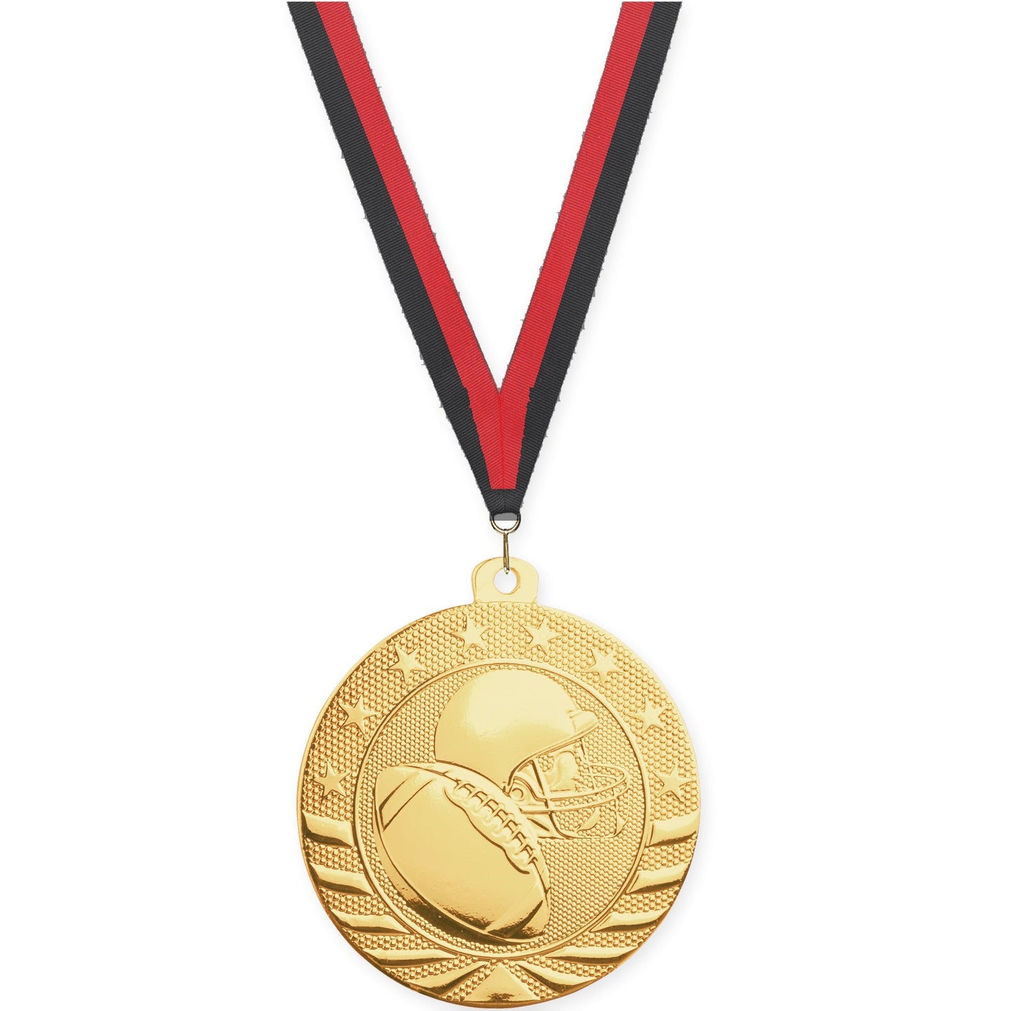 2 3/4 inch football Starbrite medal in bright gold with Black Red neck ribbon