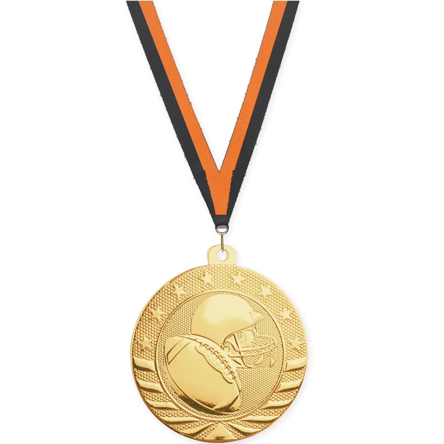 2 3/4 inch football Starbrite medal in bright gold with Black Orange neck ribbon