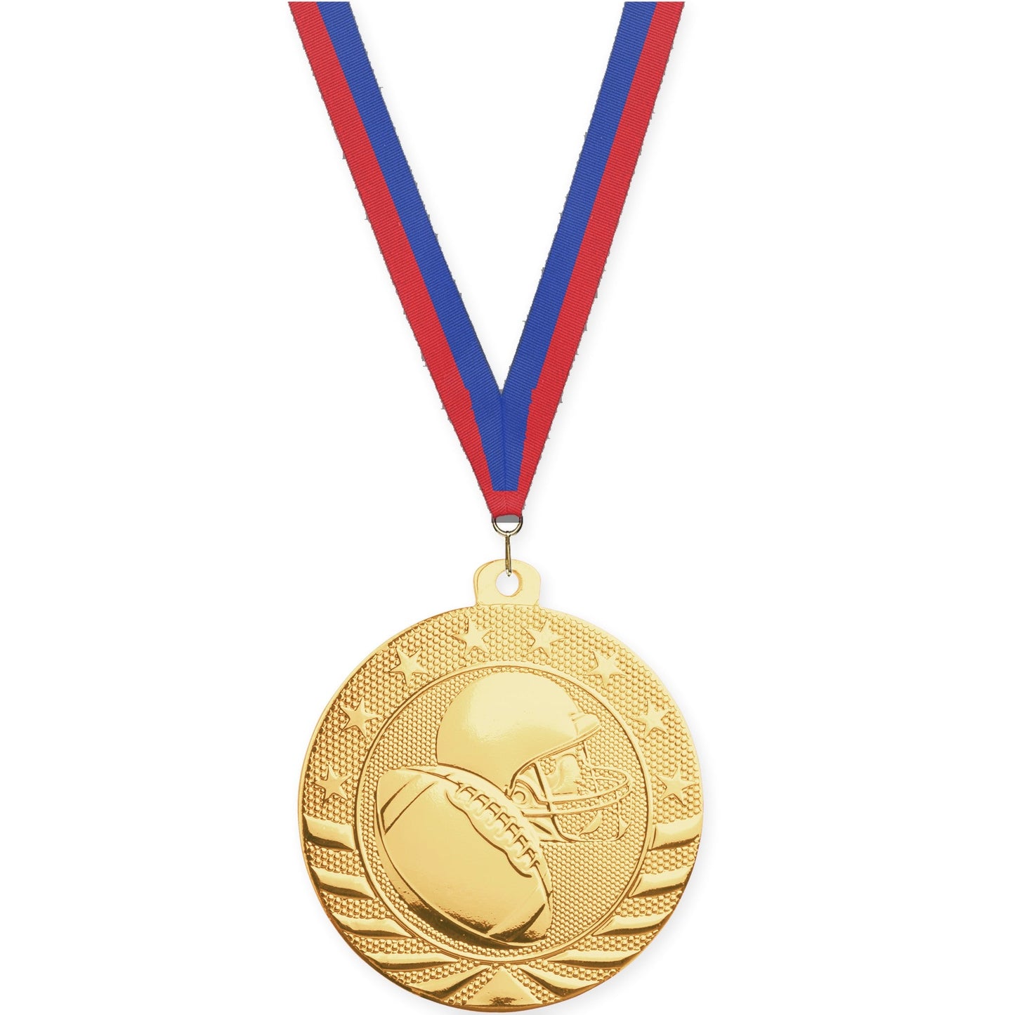 2 inch football Starbrite medal in bright gold with Blue Red neck ribbon