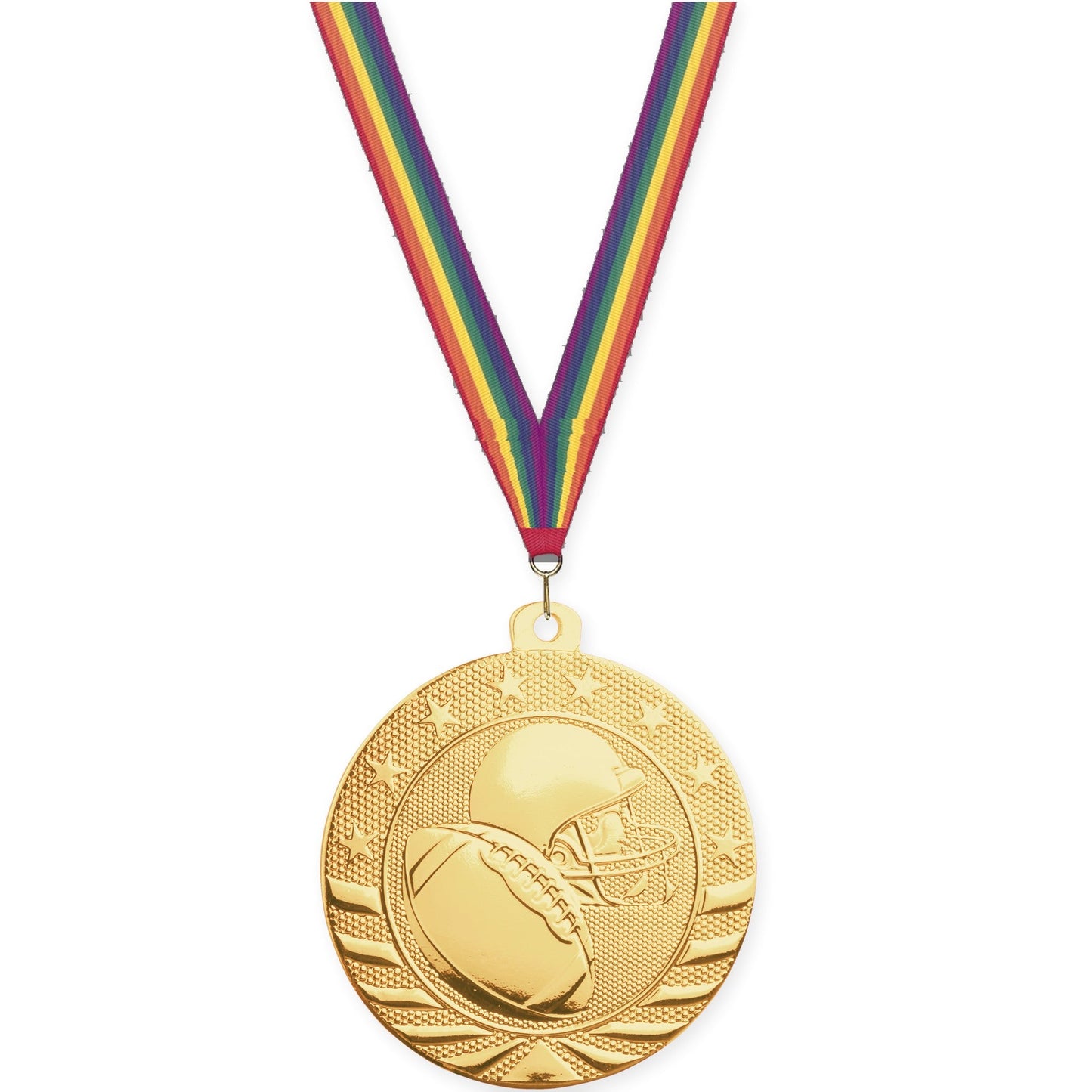 2 inch football Starbrite medal in bright gold with Rainbow neck ribbon