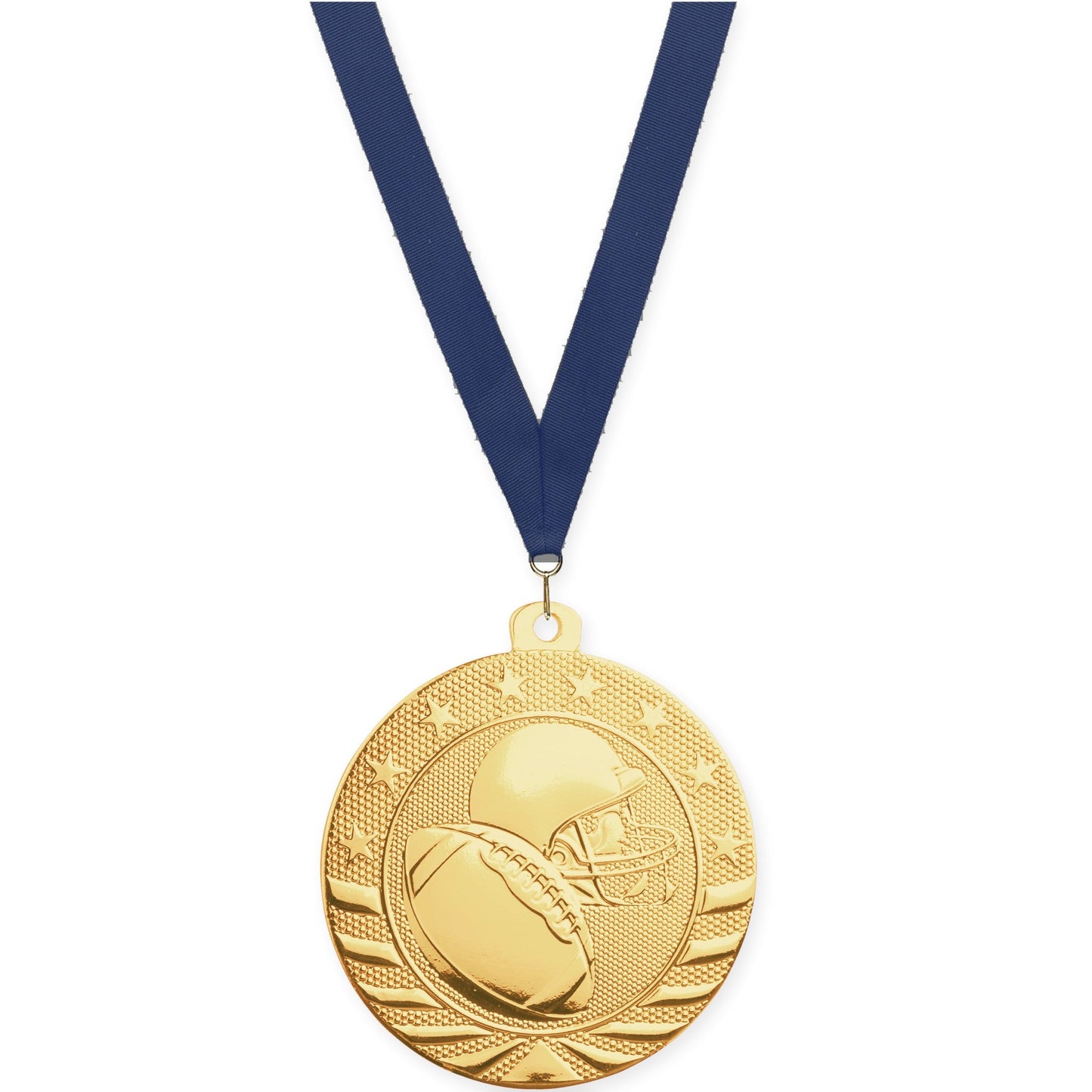 2 inch football Starbrite medal in bright gold with Navy neck ribbon