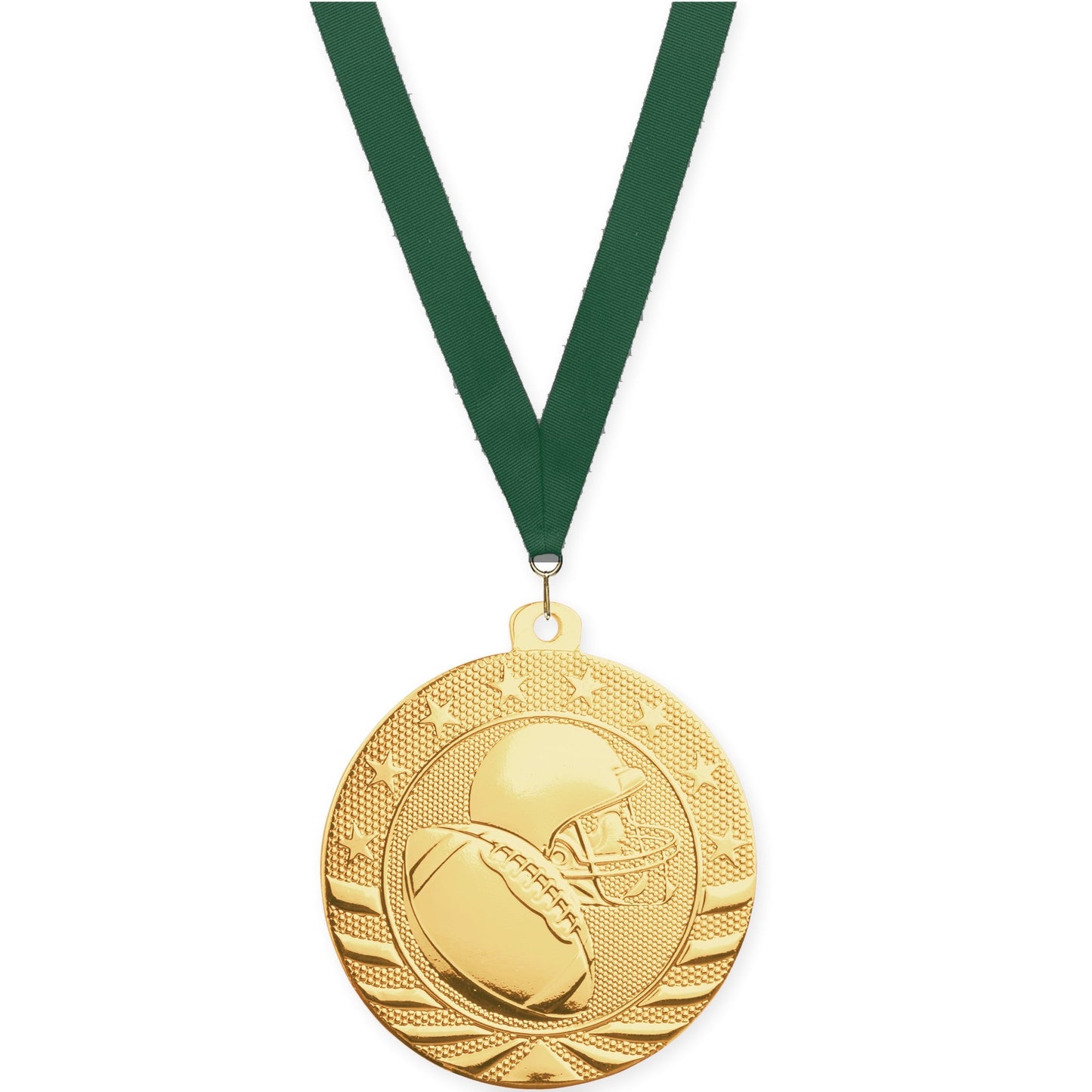 2 3/4 inch football Starbrite medal in bright gold with Hunter Green neck ribbon