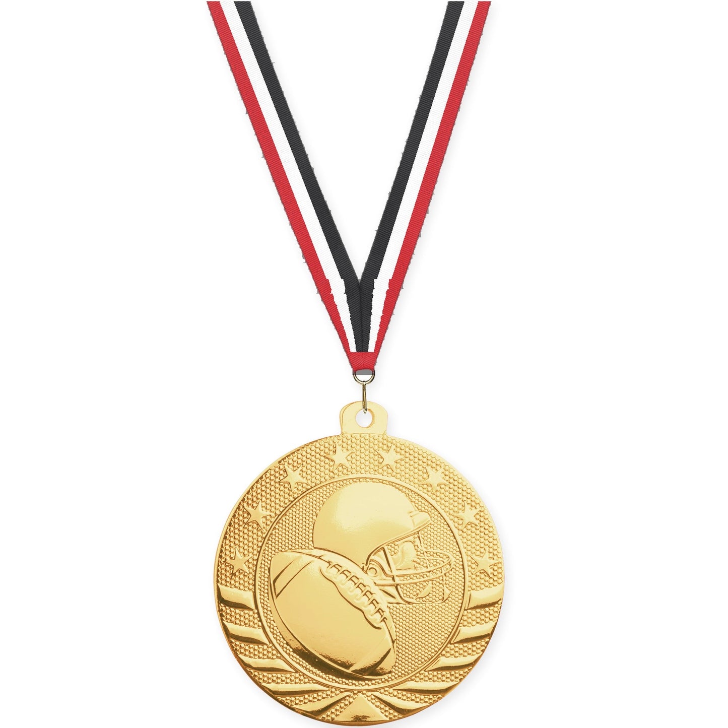 2 3/4 inch football Starbrite medal in bright gold with Red White Black neck ribbon