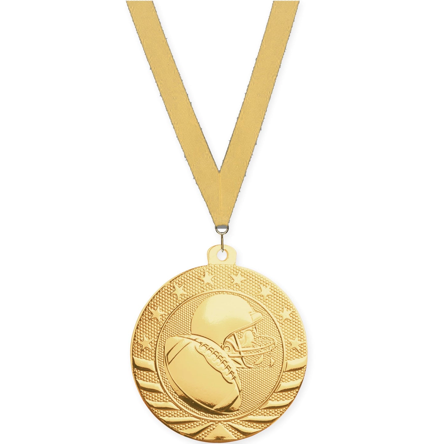 2 inch football Starbrite medal in bright gold with Gold Metallic neck ribbon