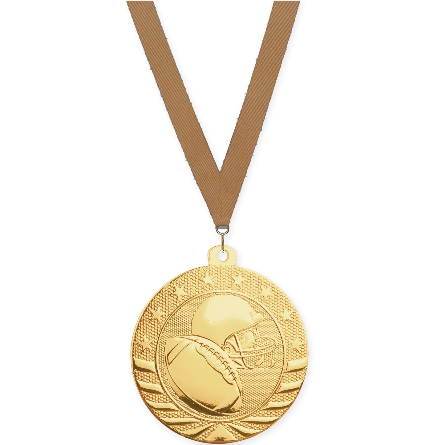 2 3/4 inch football Starbrite medal in bright gold with Bronze Metallic neck ribbon