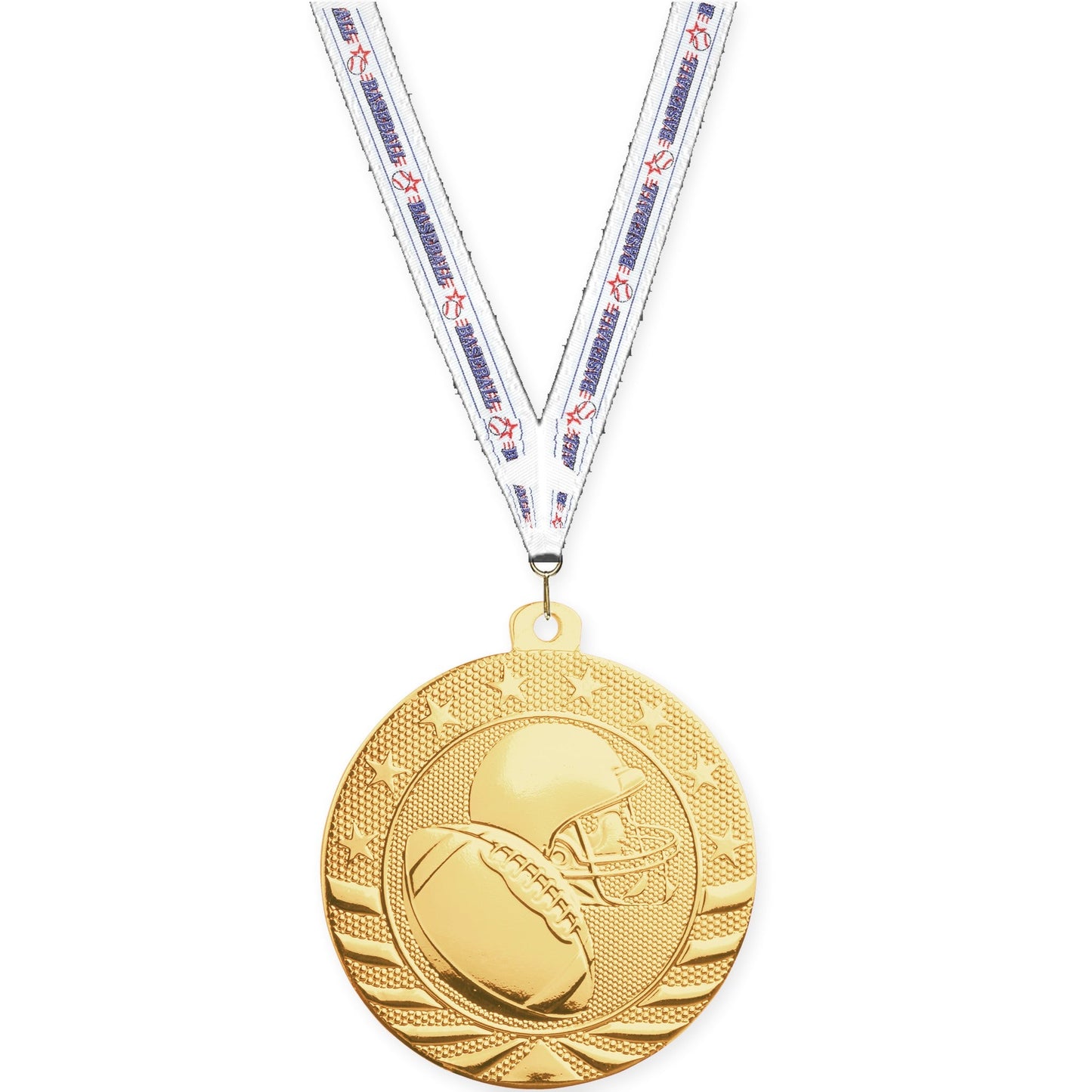 2 inch football Starbrite medal in bright gold with Baseball neck ribbon