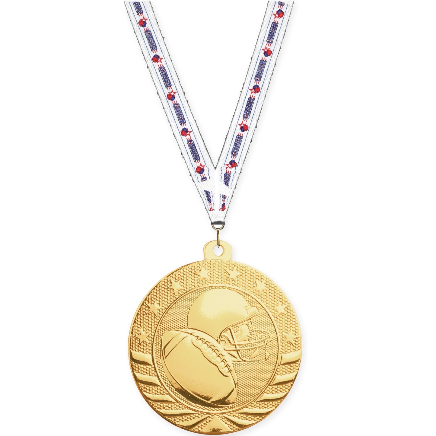 2 inch football Starbrite medal in bright gold with Cheerleading neck ribbon