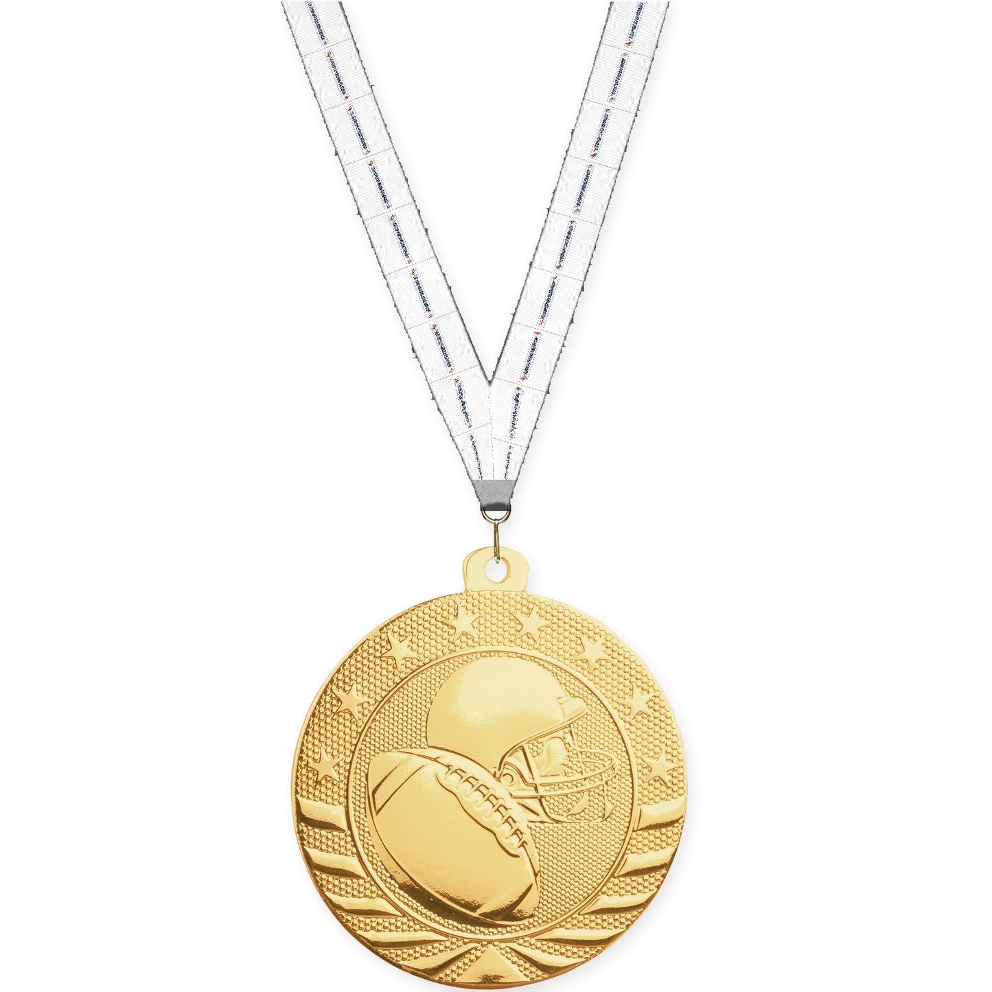 2 3/4 inch football Starbrite medal in bright gold with Lamp Of Knowledge neck ribbon