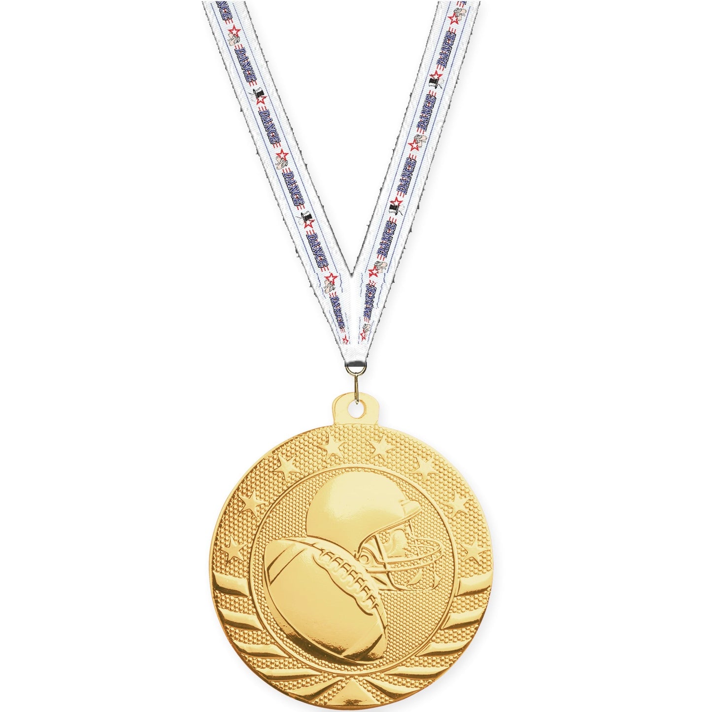 2 3/4 inch football Starbrite medal in bright gold with Dance neck ribbon