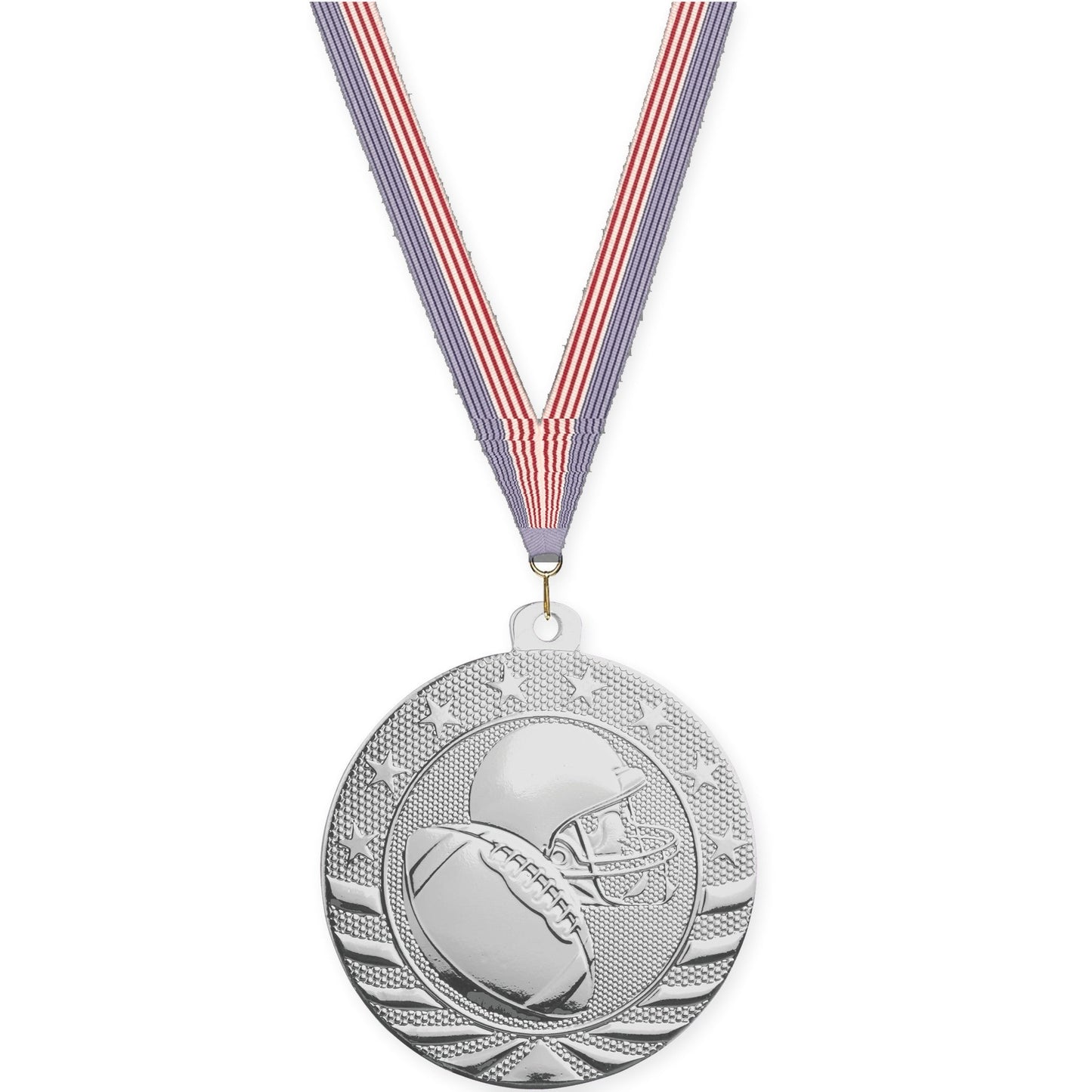 2 inch football Starbrite medal in bright silver with USA Flag neck ribbon
