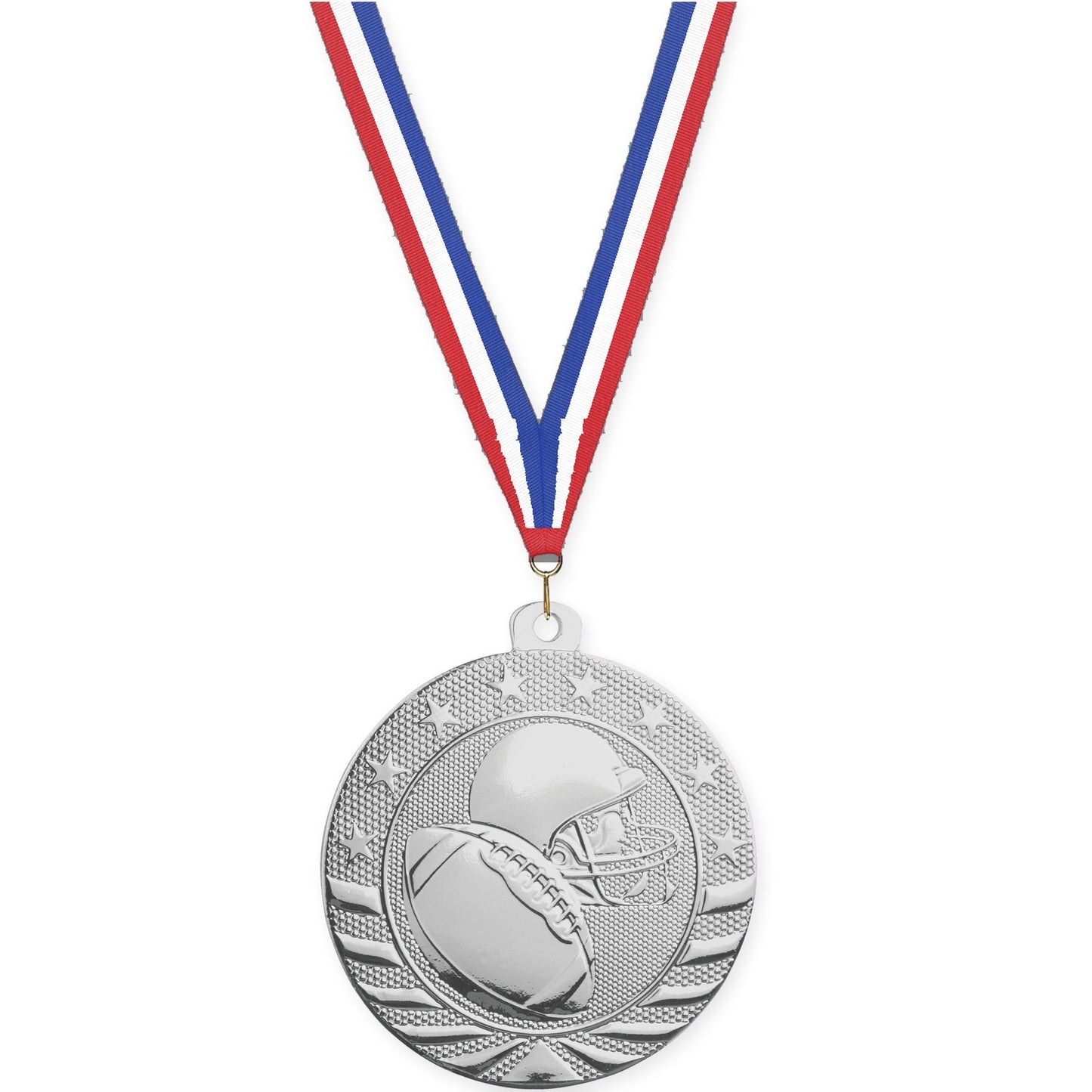 2 3/4 inch football Starbrite medal in bright silver with Red White Blue neck ribbon