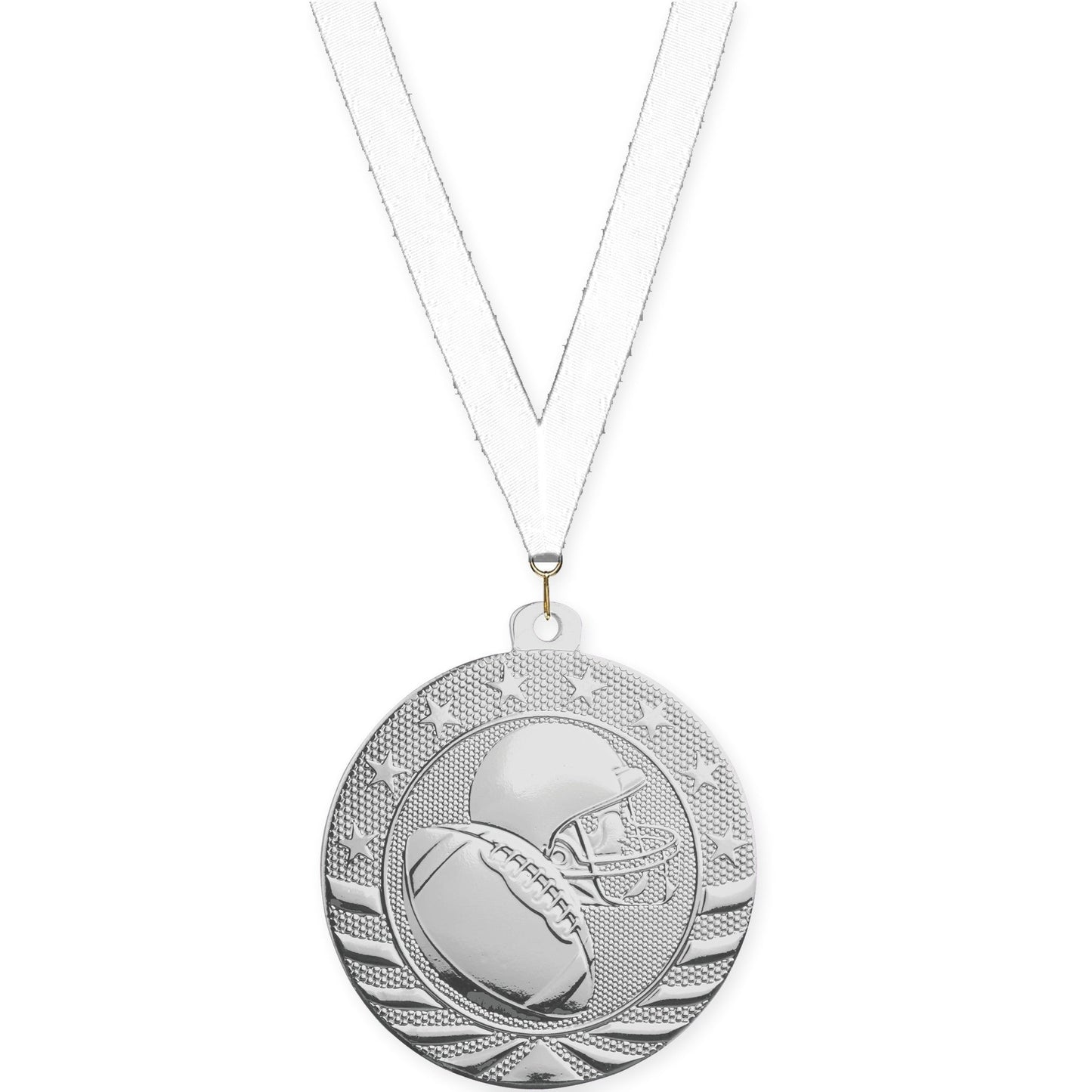 2 inch football Starbrite medal in bright silver with White neck ribbon