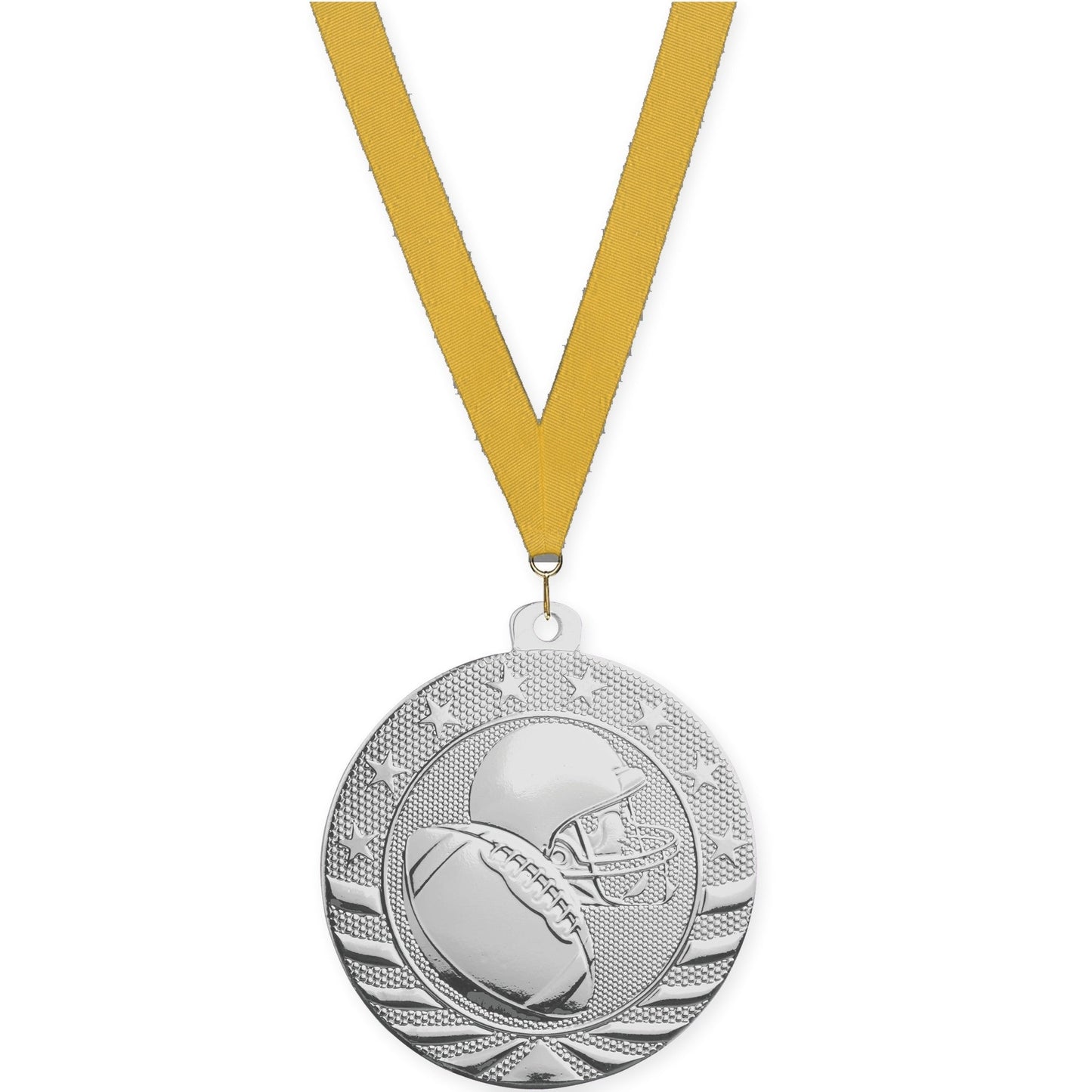 2 inch football Starbrite medal in bright silver with Gold neck ribbon
