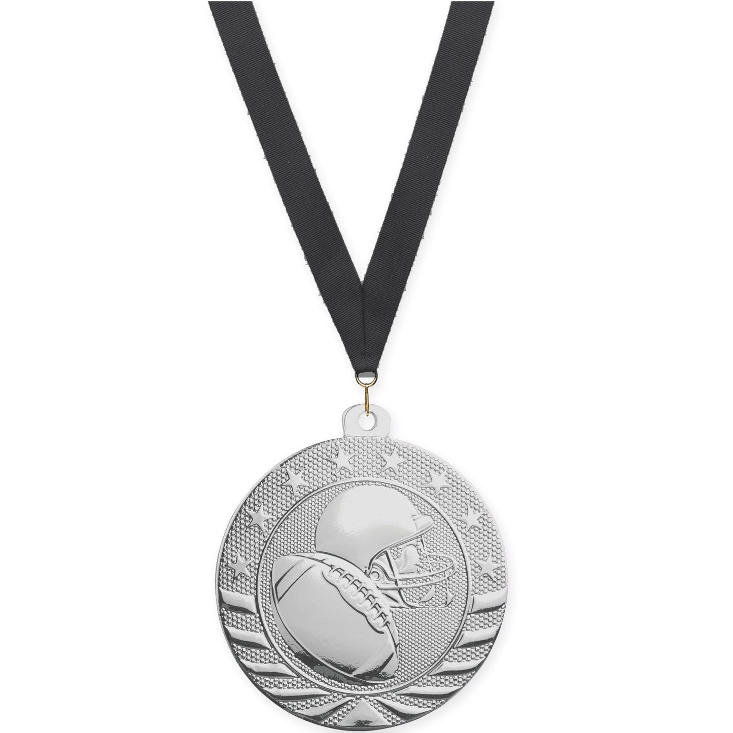 2 3/4 inch football Starbrite medal in bright silver with Black neck ribbon