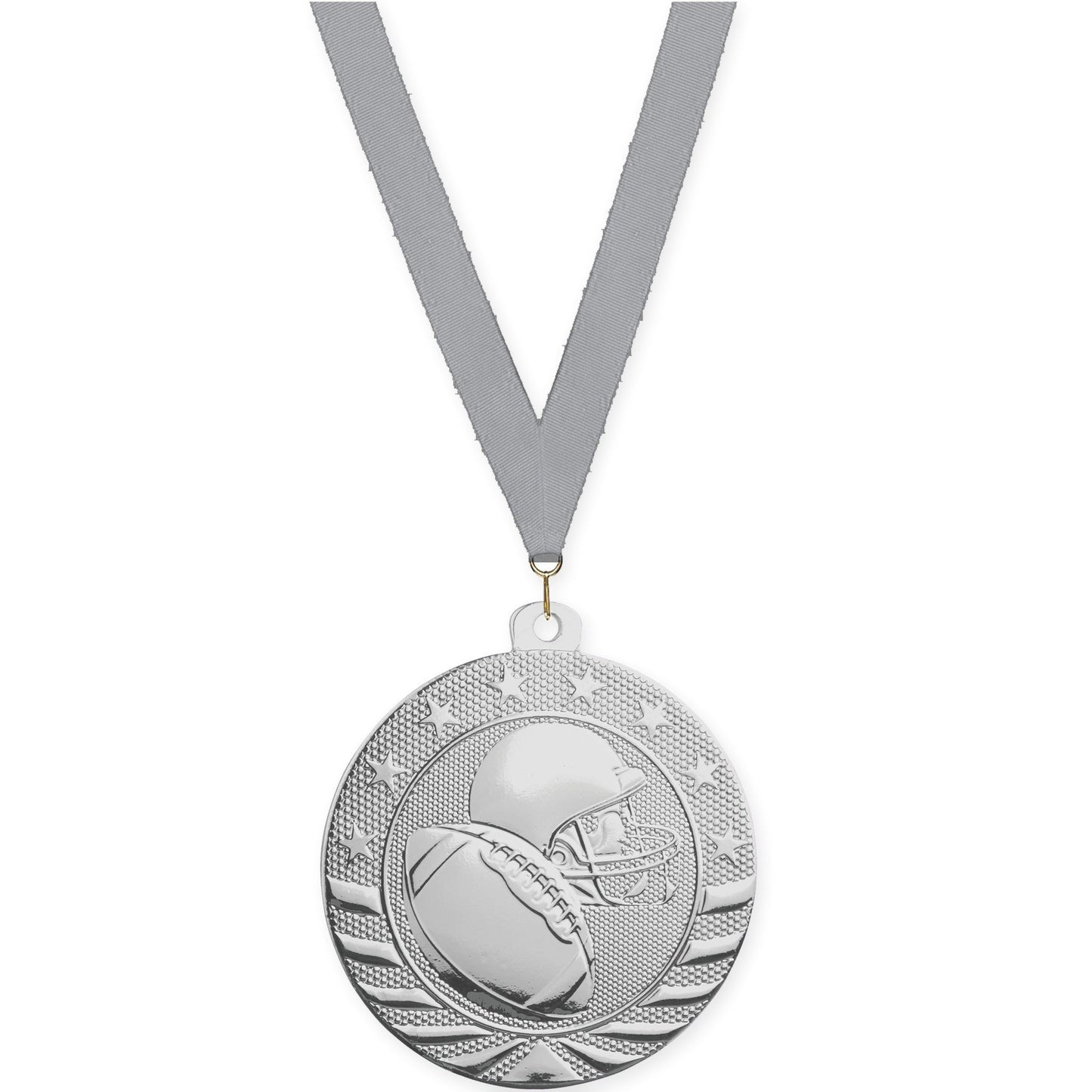 2 inch football Starbrite medal in bright silver with Gray neck ribbon
