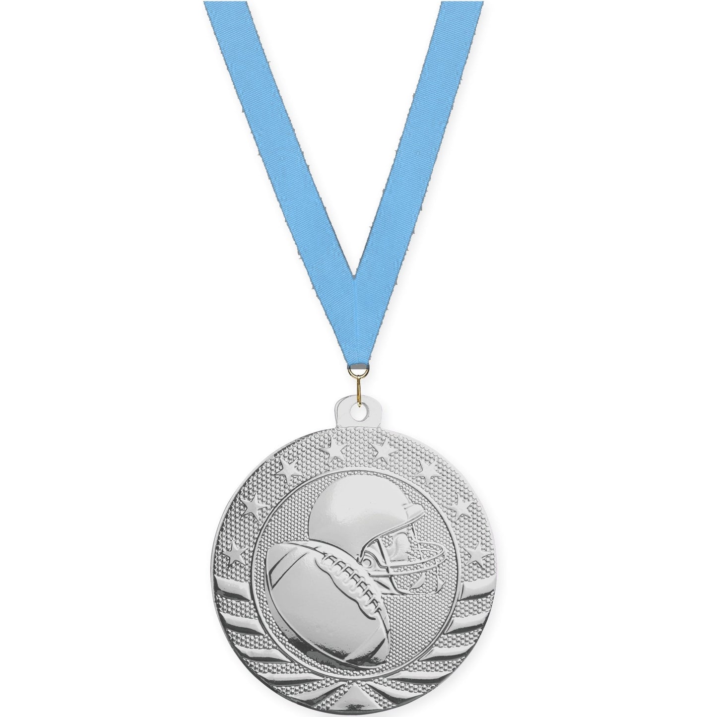 2 inch football Starbrite medal in bright silver with Light Blue neck ribbon