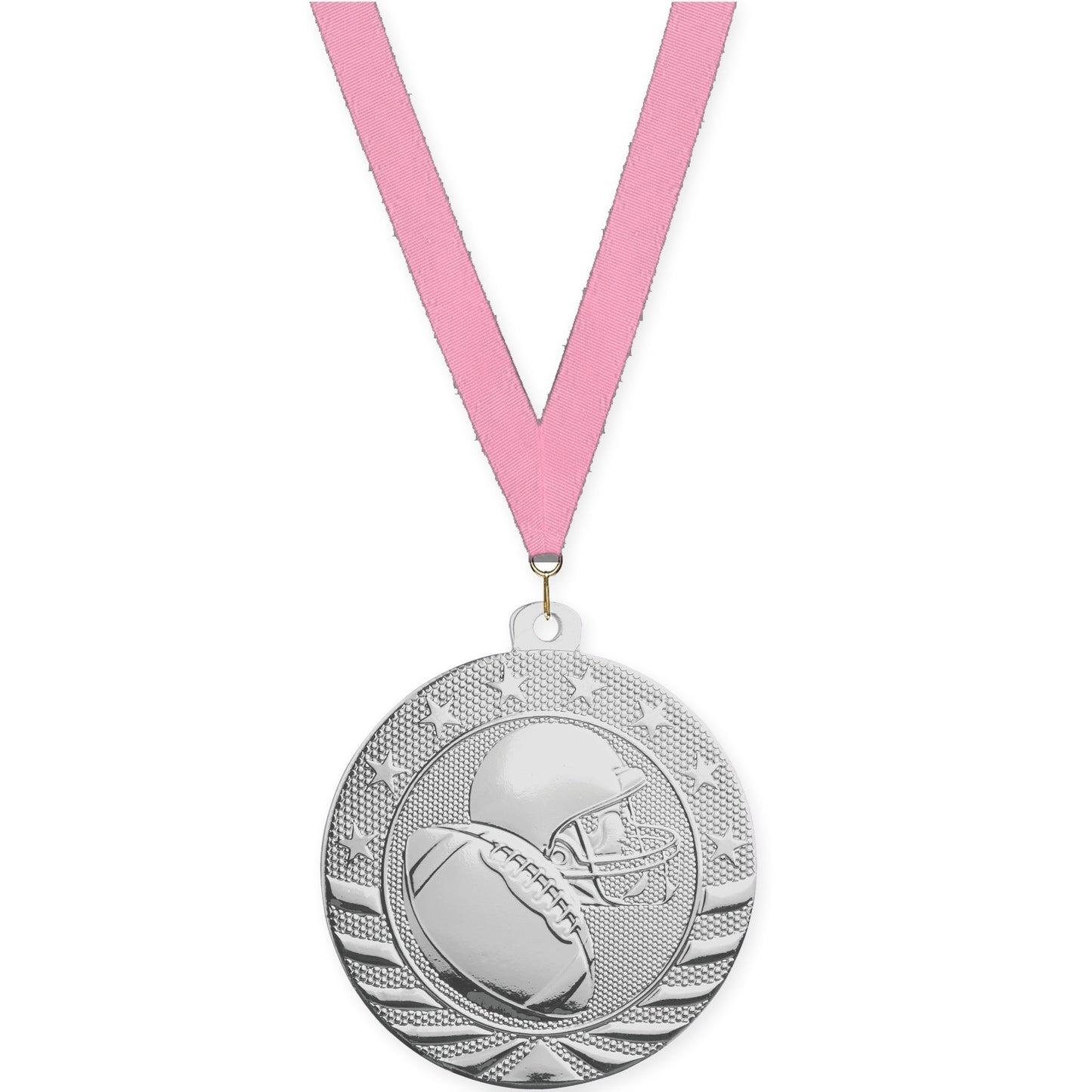2 inch football Starbrite medal in bright silver with Pink neck ribbon
