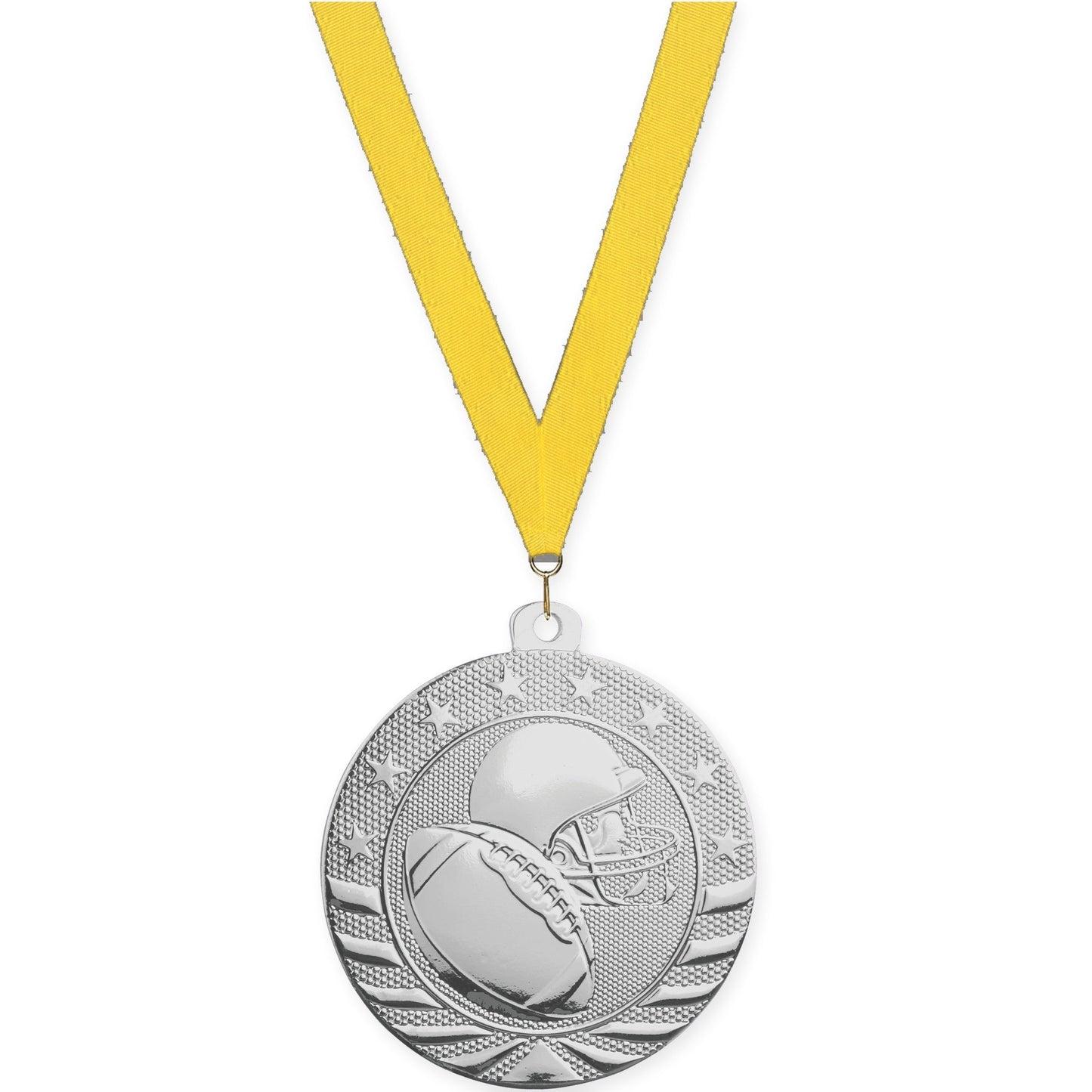 2 3/4 inch football Starbrite medal in bright silver with Yellow neck ribbon