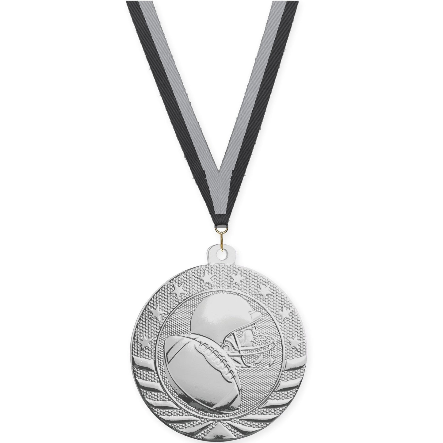 2 3/4 inch football Starbrite medal in bright silver with Black Gray neck ribbon