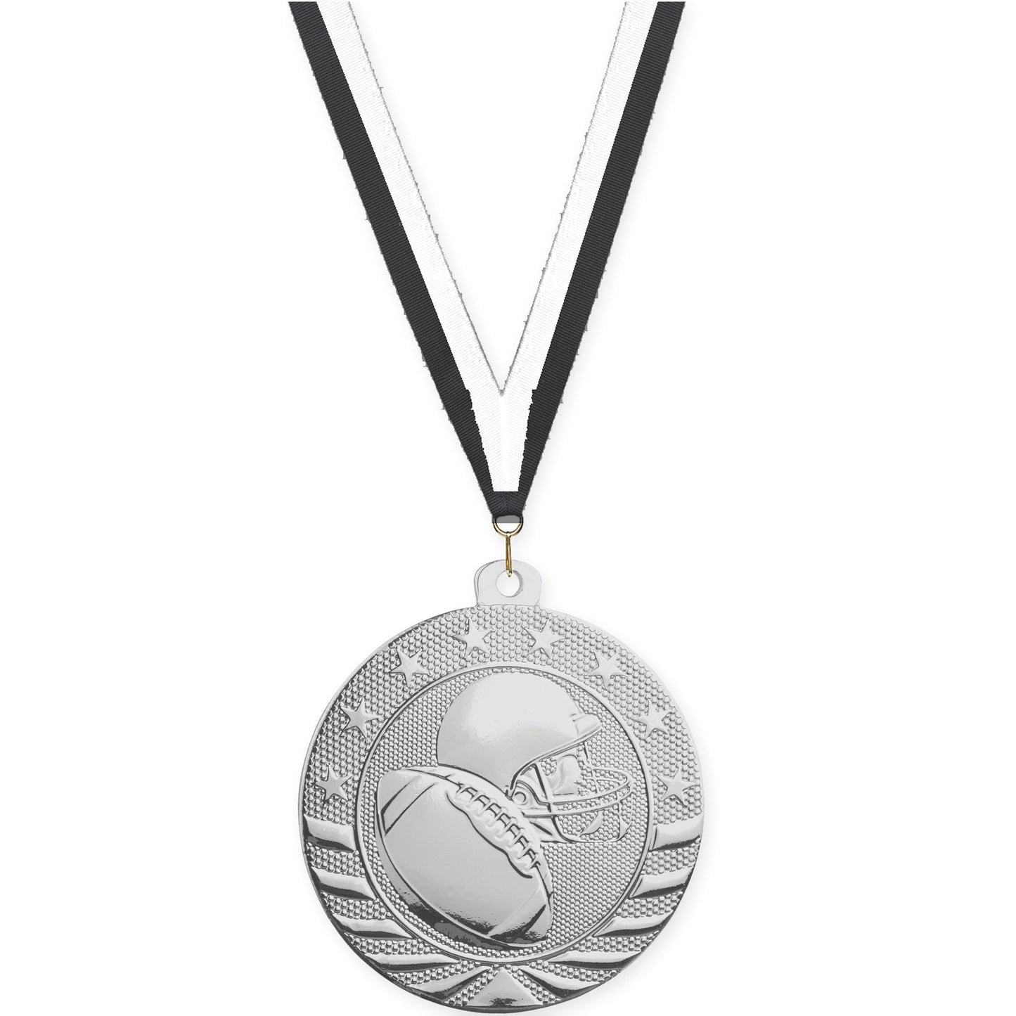 2 3/4 inch football Starbrite medal in bright silver with Black White neck ribbon