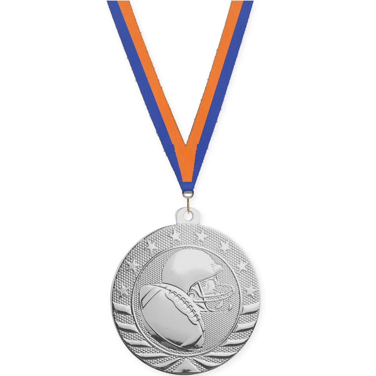2 3/4 inch football Starbrite medal in bright silver with Blue Orange neck ribbon