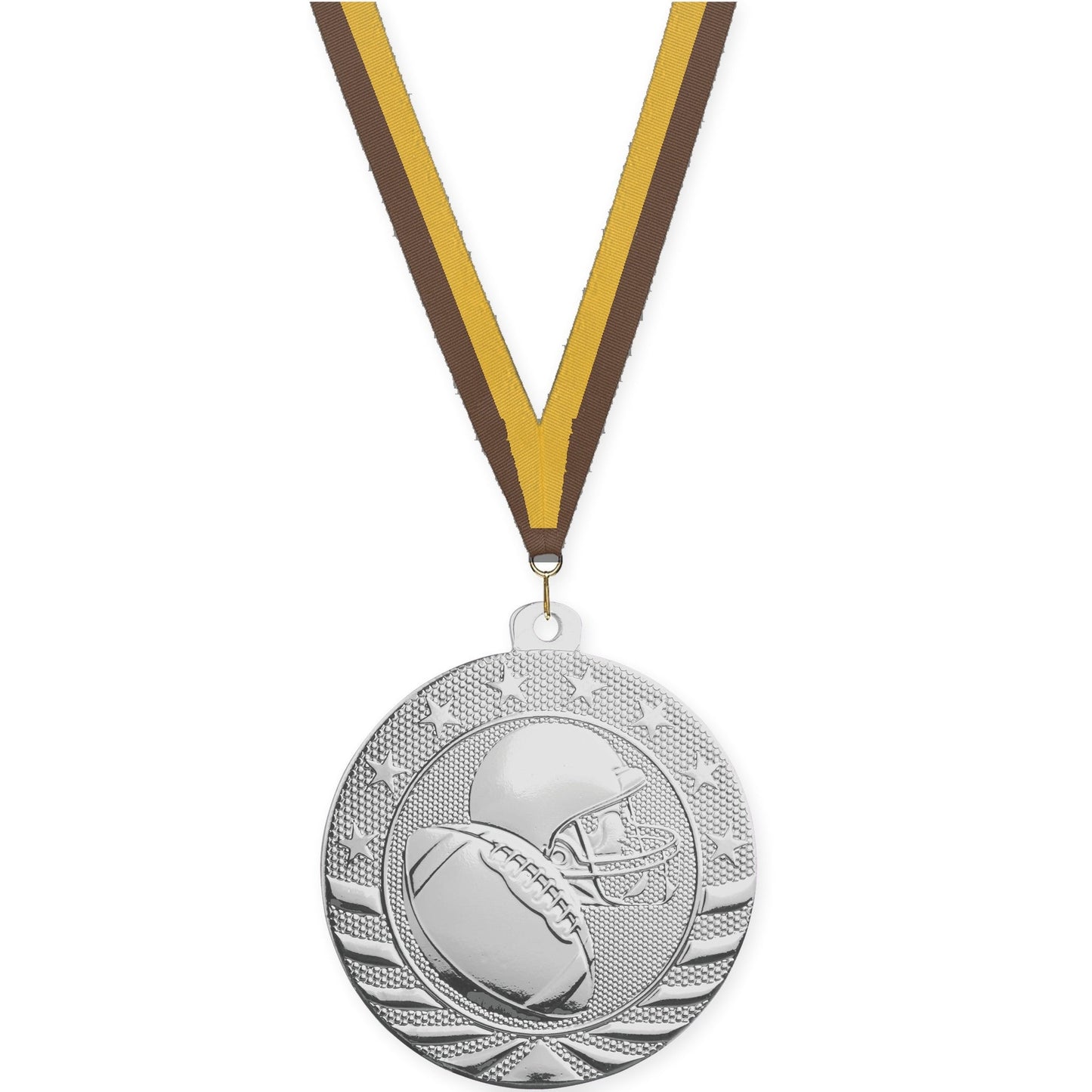 2 3/4 inch football Starbrite medal in bright silver with Brown Gold neck ribbon