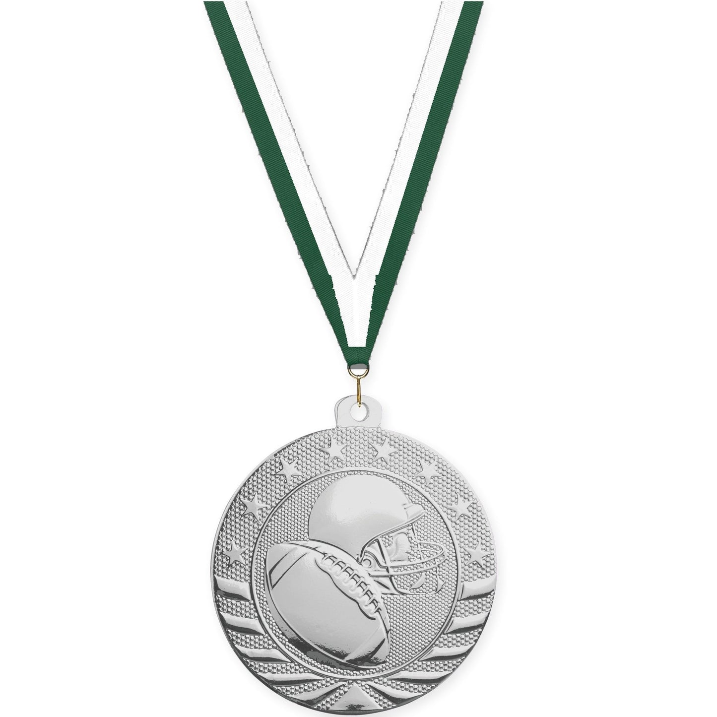 2 inch football Starbrite medal in bright silver with Hunter Green White neck ribbon