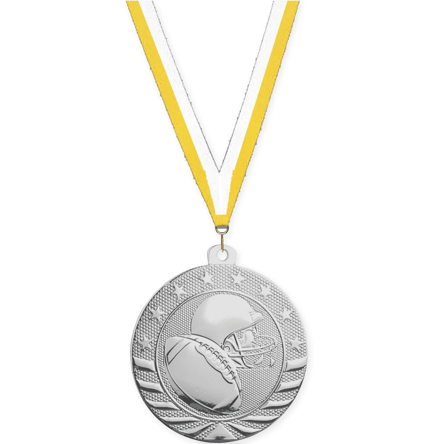2 inch football Starbrite medal in bright silver with Yellow White neck ribbon