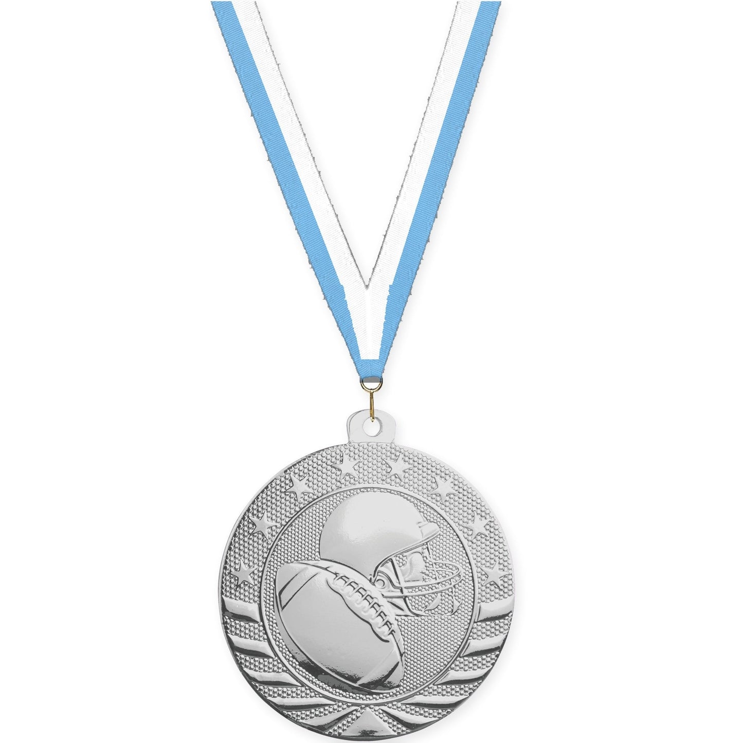2 3/4 inch football Starbrite medal in bright silver with Light Blue White neck ribbon