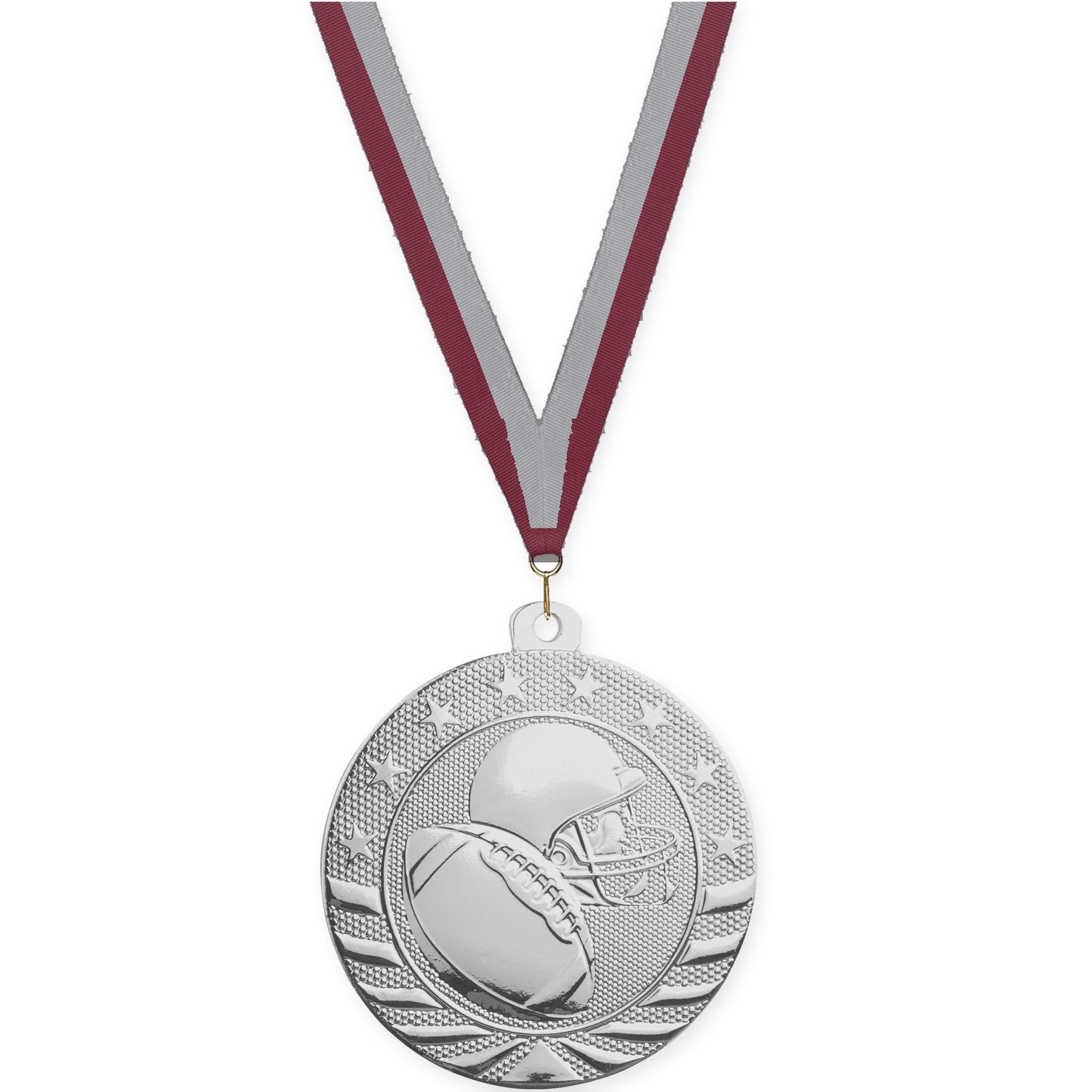 2 3/4 inch football Starbrite medal in bright silver with Maroon Gray neck ribbon