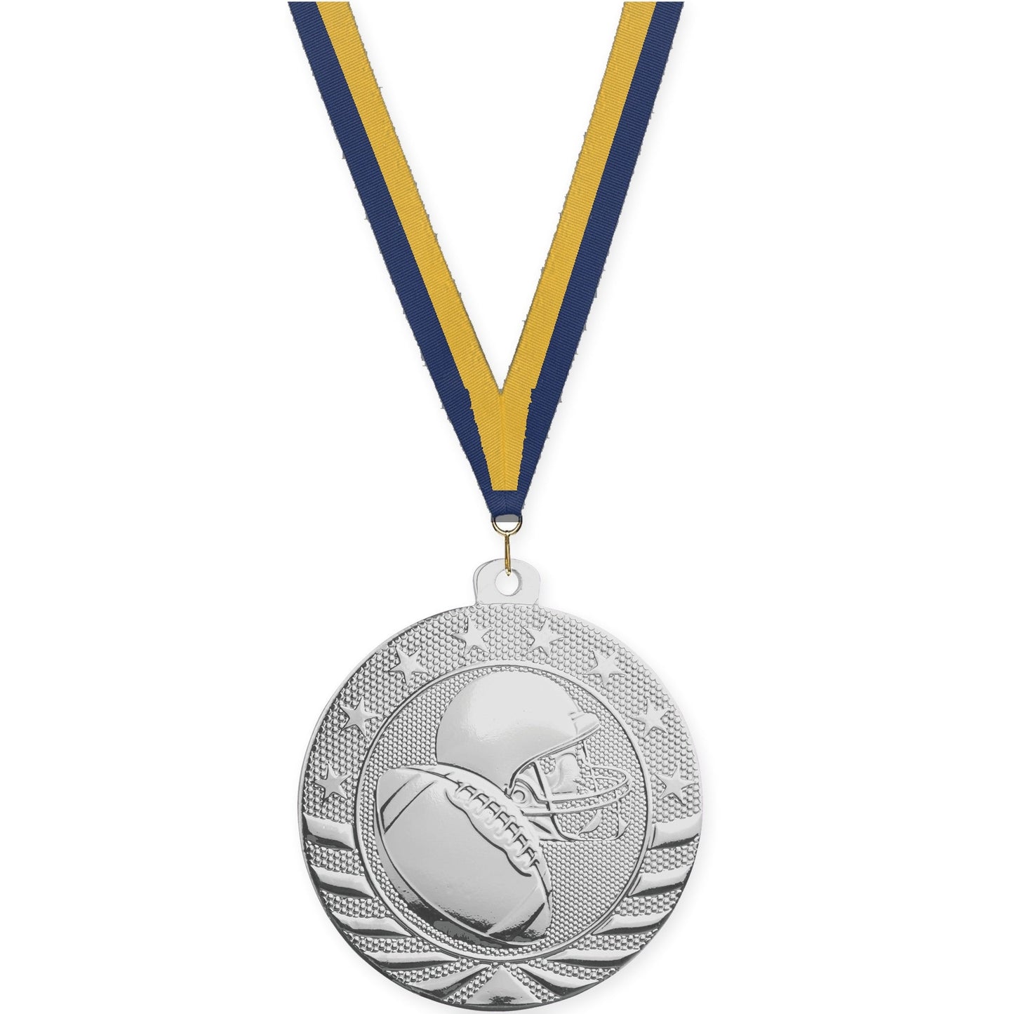 2 inch football Starbrite medal in bright silver with Navy Gold neck ribbon