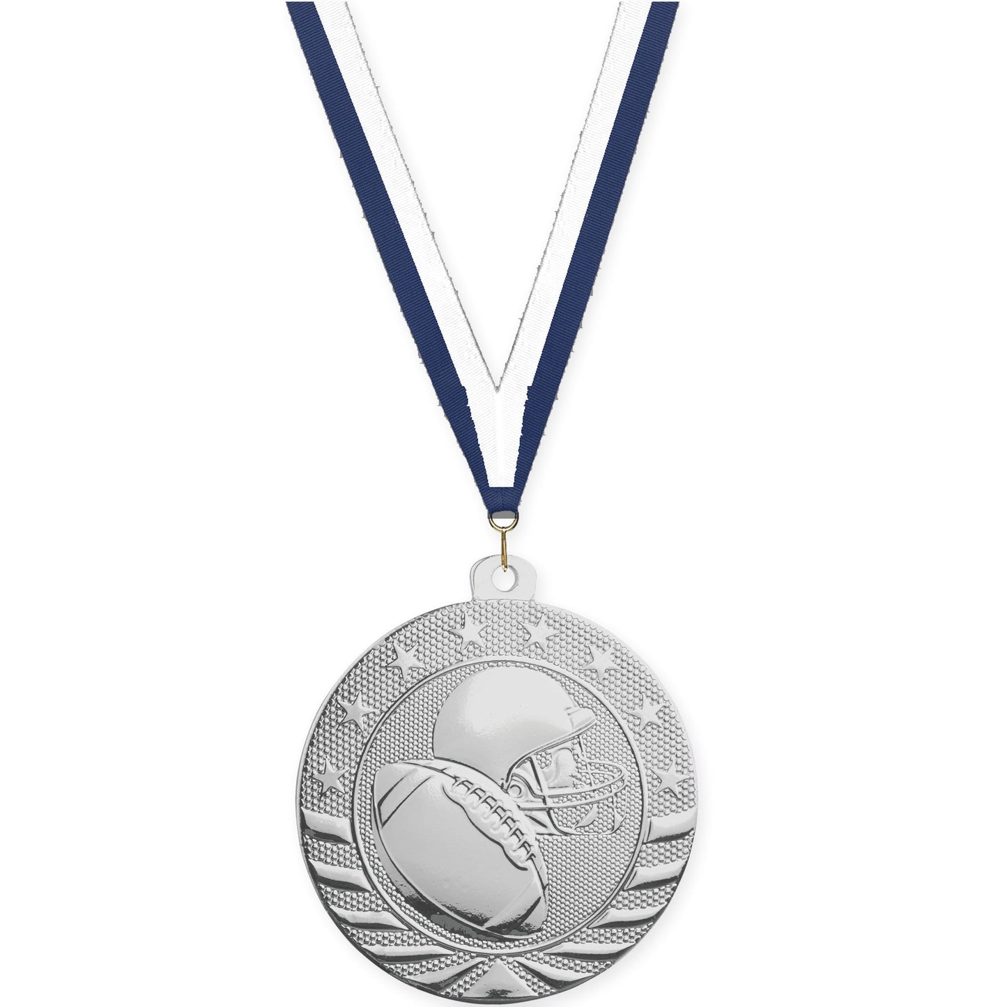 2 inch football Starbrite medal in bright silver with Navy White neck ribbon