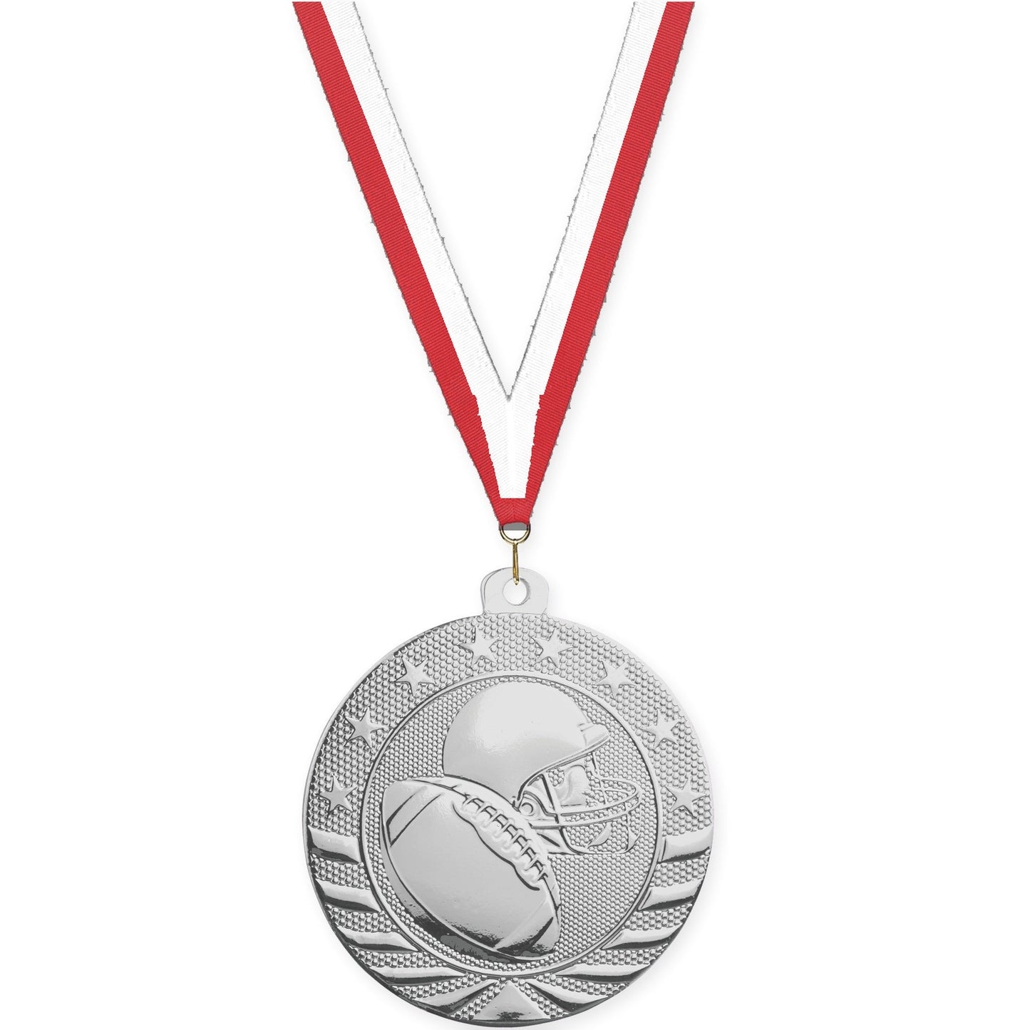2 3/4 inch football Starbrite medal in bright silver with Red White neck ribbon