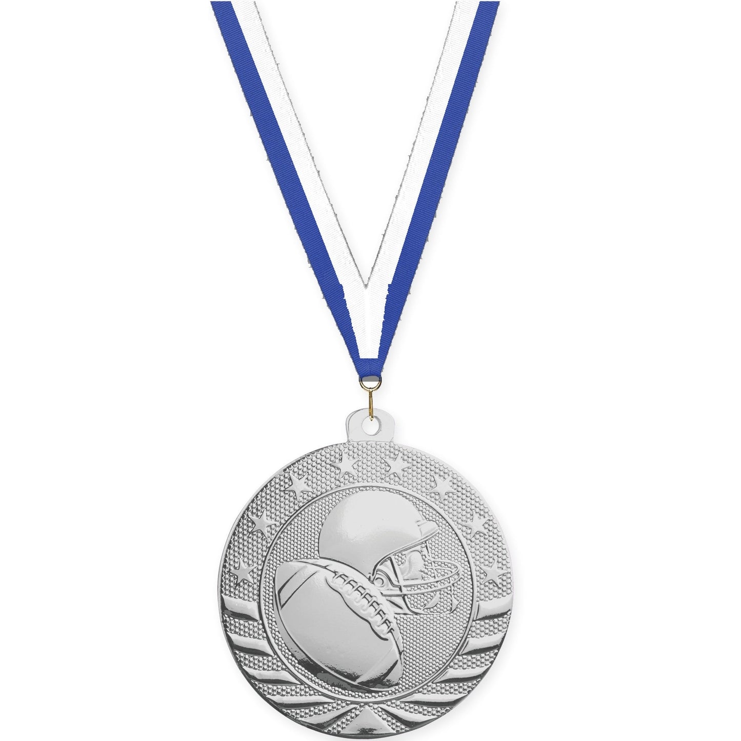2 3/4 inch football Starbrite medal in bright silver with Blue White neck ribbon