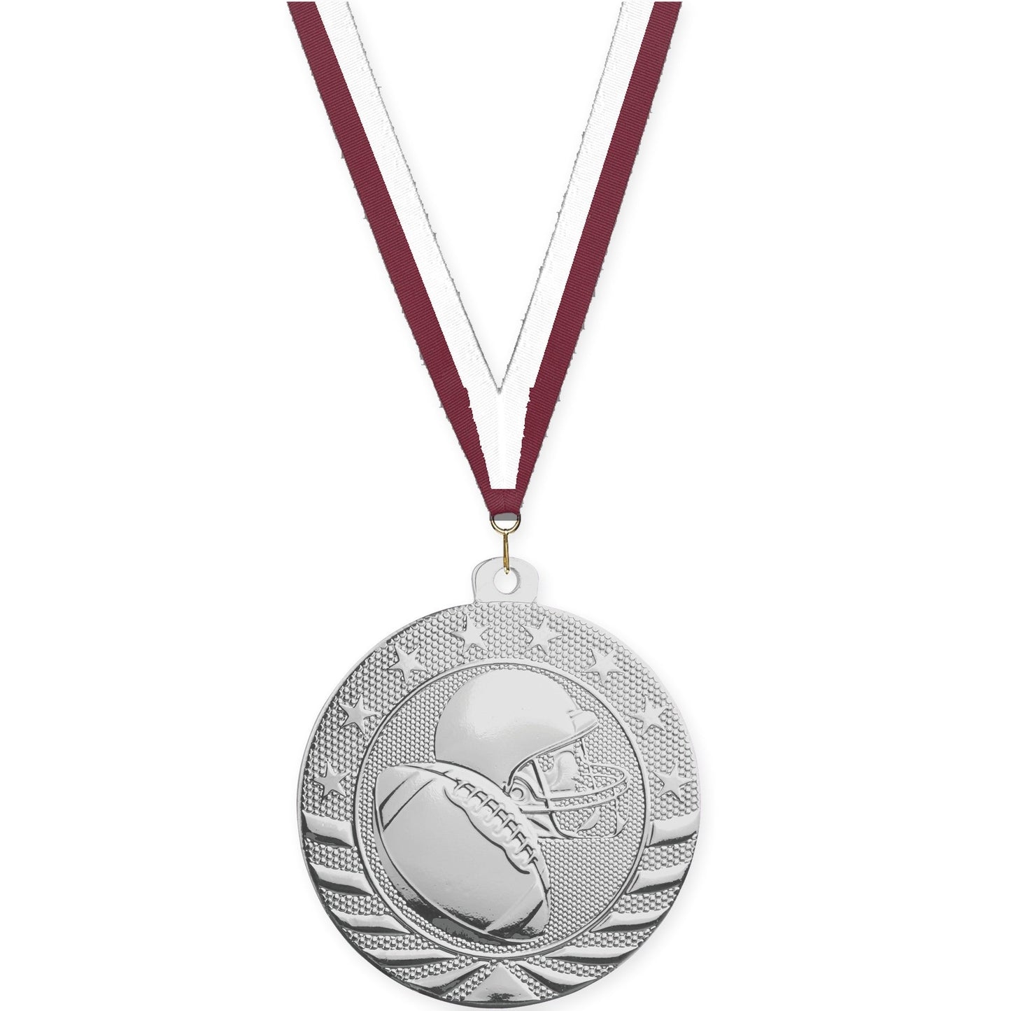 2 inch football Starbrite medal in bright silver with Maroon White neck ribbon