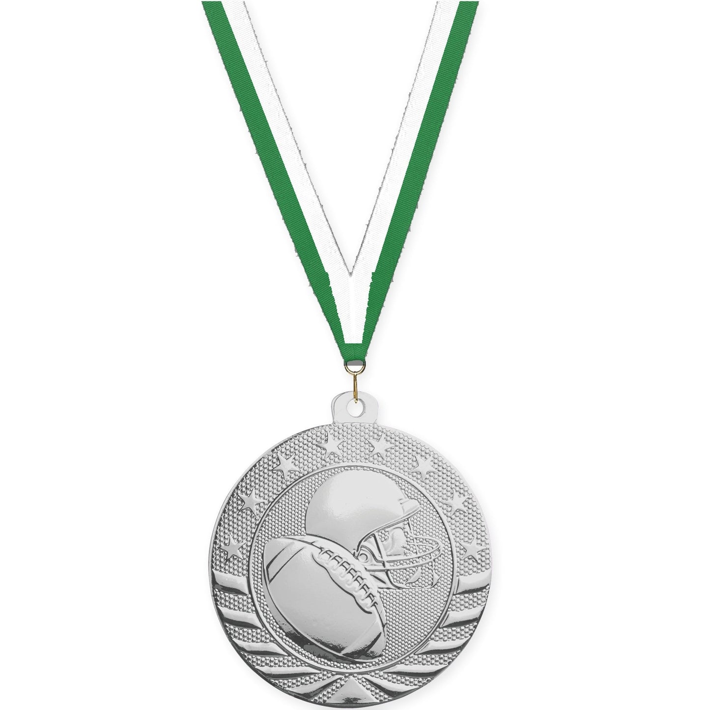 2 3/4 inch football Starbrite medal in bright silver with Green White neck ribbon