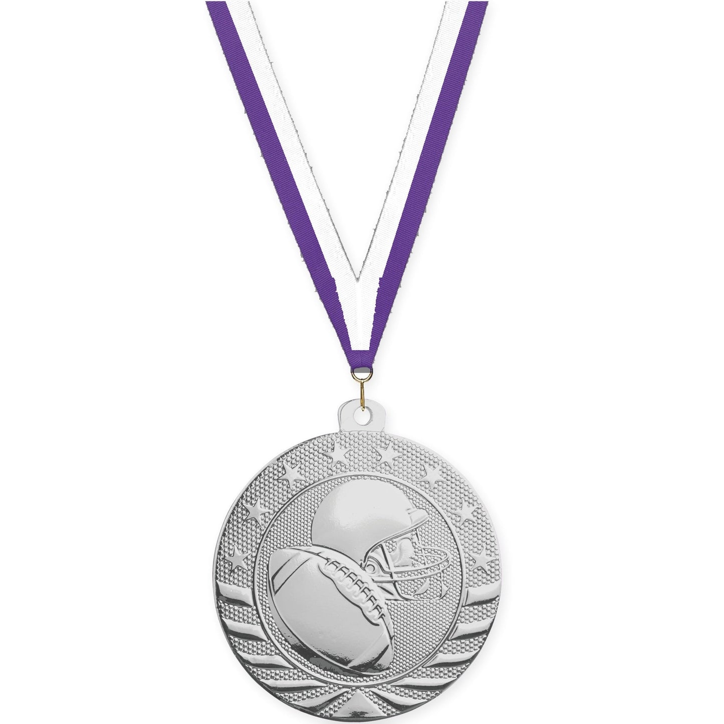 2 inch football Starbrite medal in bright silver with Purple White neck ribbon