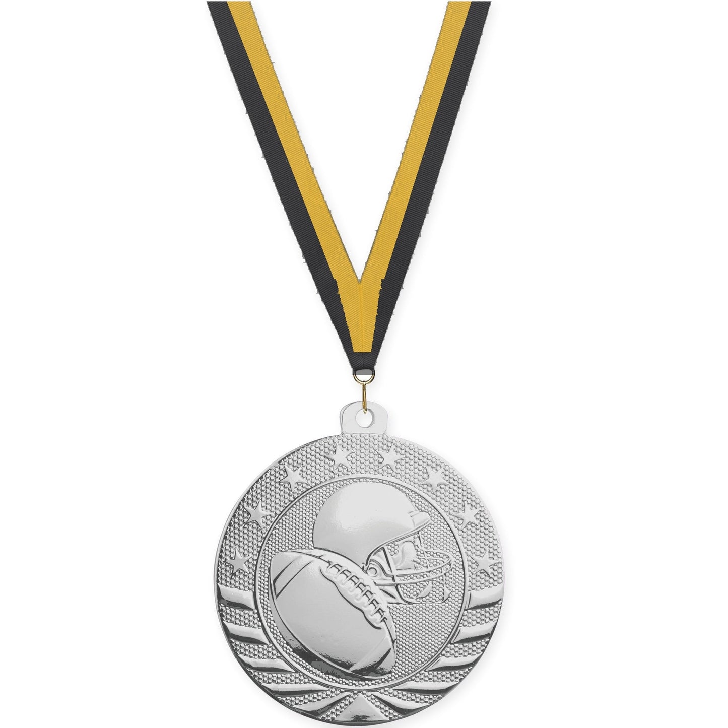 2 inch football Starbrite medal in bright silver with Black Gold neck ribbon
