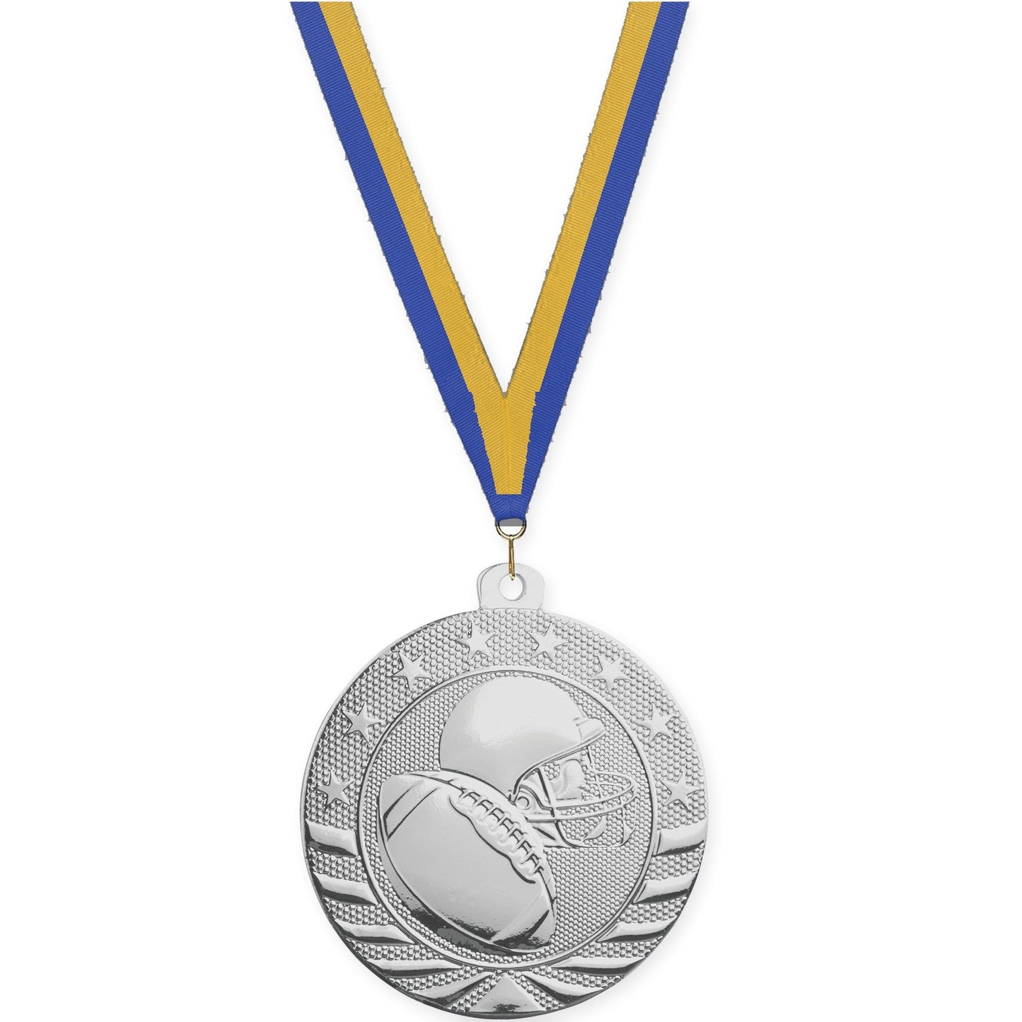 2 3/4 inch football Starbrite medal in bright silver with Blue Gold neck ribbon