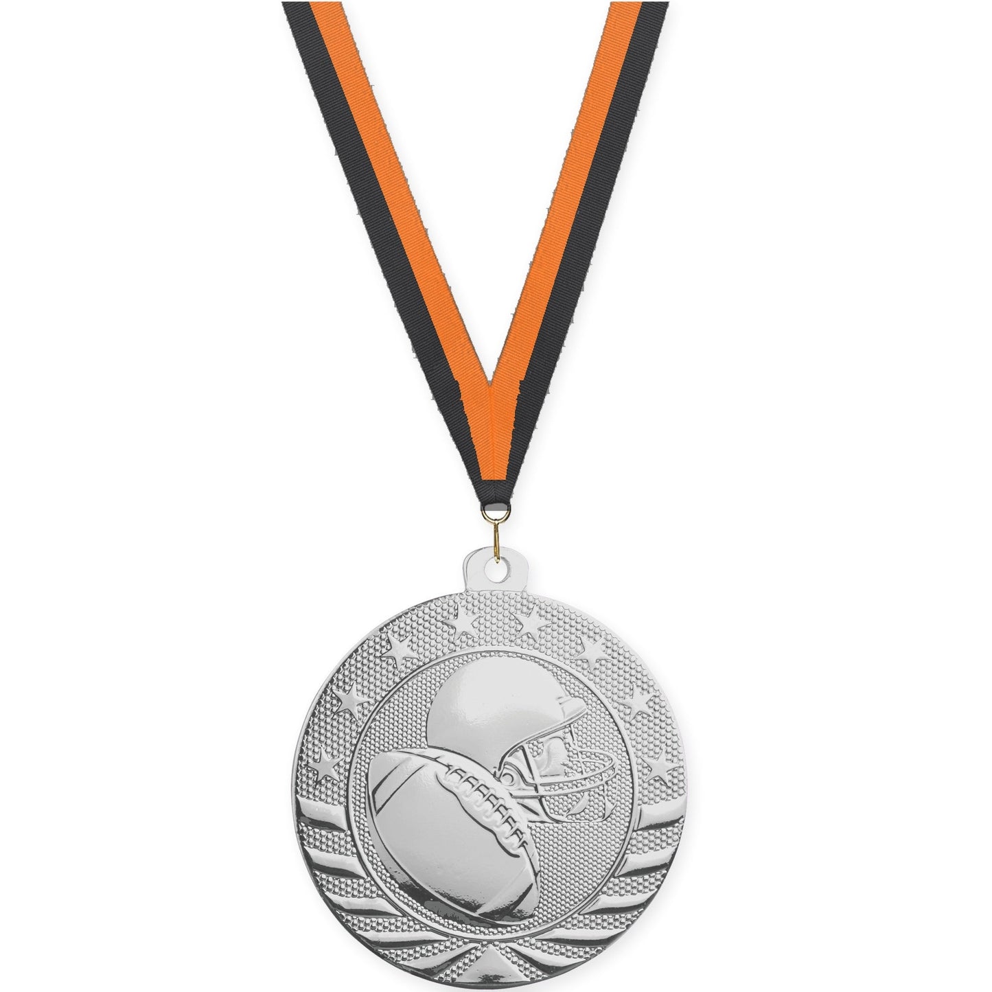 2 inch football Starbrite medal in bright silver with Black Orange neck ribbon