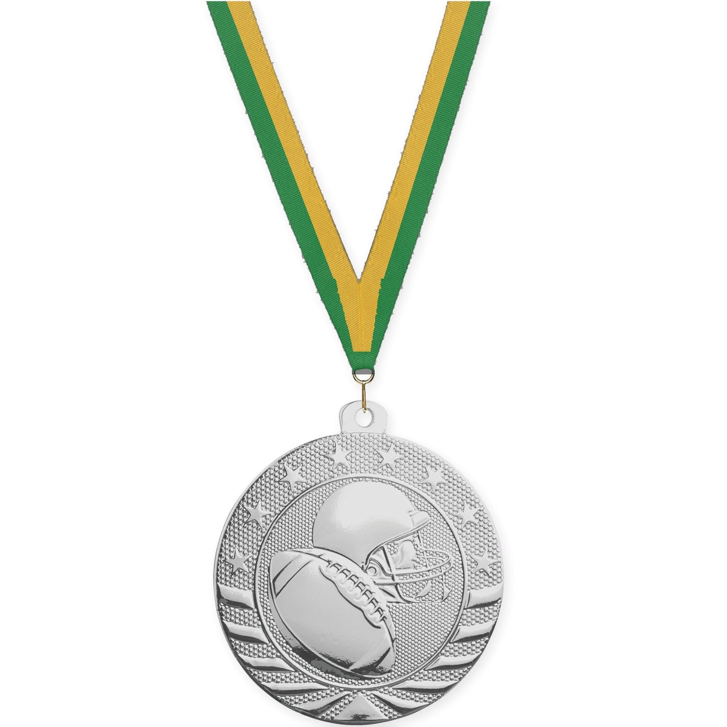 2 inch football Starbrite medal in bright silver with Green Gold neck ribbon