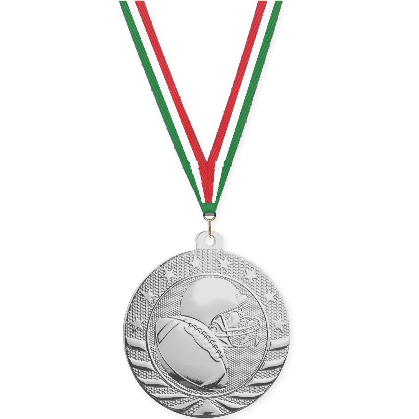 2 inch football Starbrite medal in bright silver with Green White Red neck ribbon