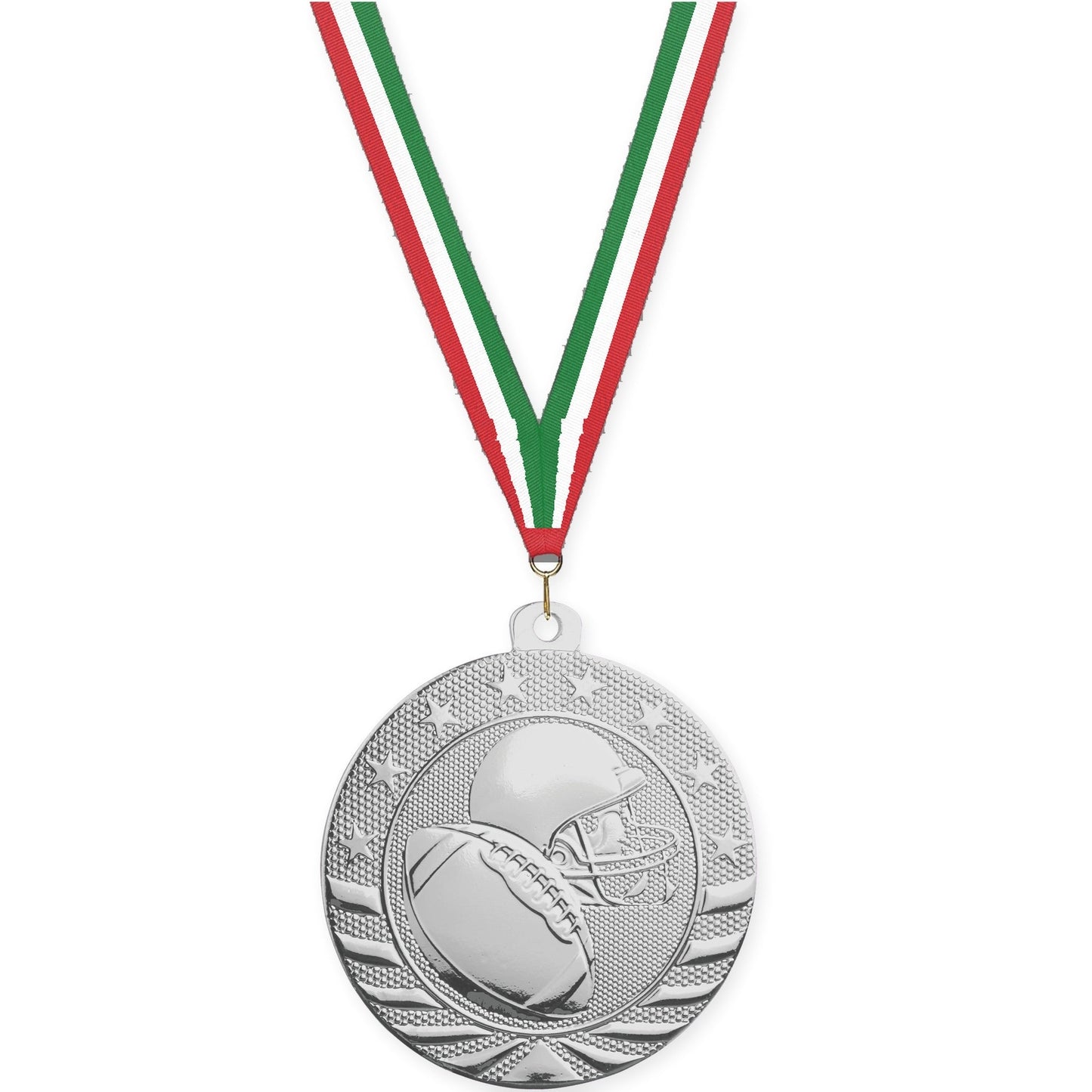 2 inch football Starbrite medal in bright silver with Red White Green neck ribbon