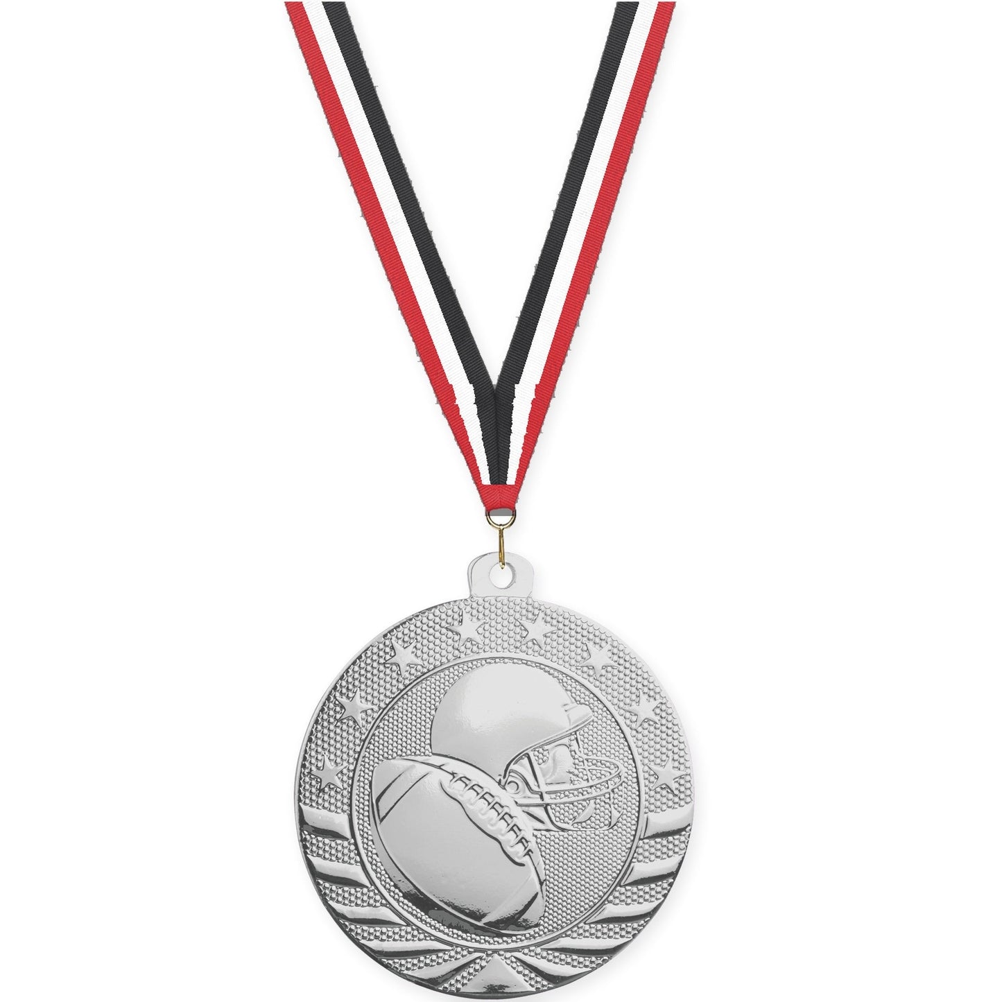 2 3/4 inch football Starbrite medal in bright silver with Red White Black neck ribbon
